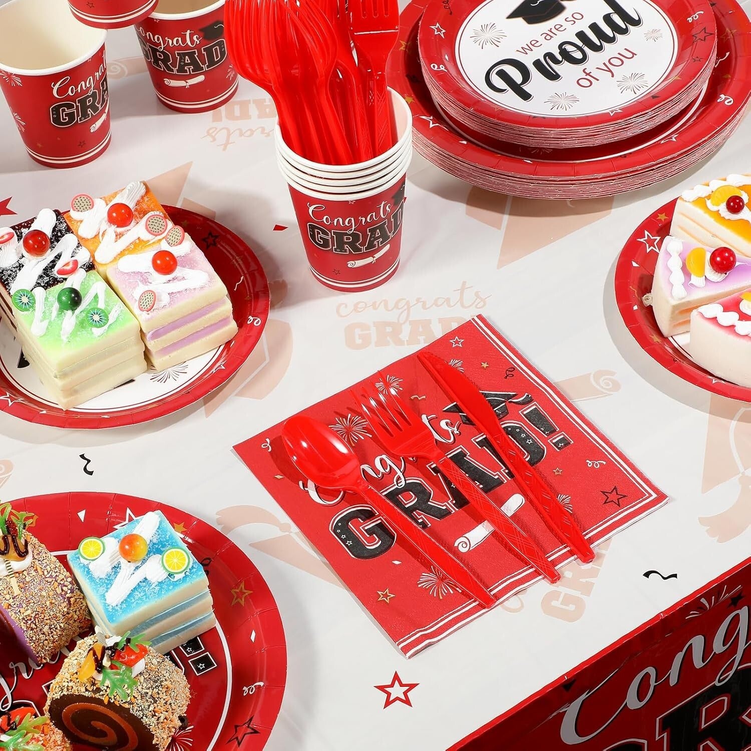 Disposable Graduation Party Supplies Set: 357 Red Plates, Napkins, Banner & More