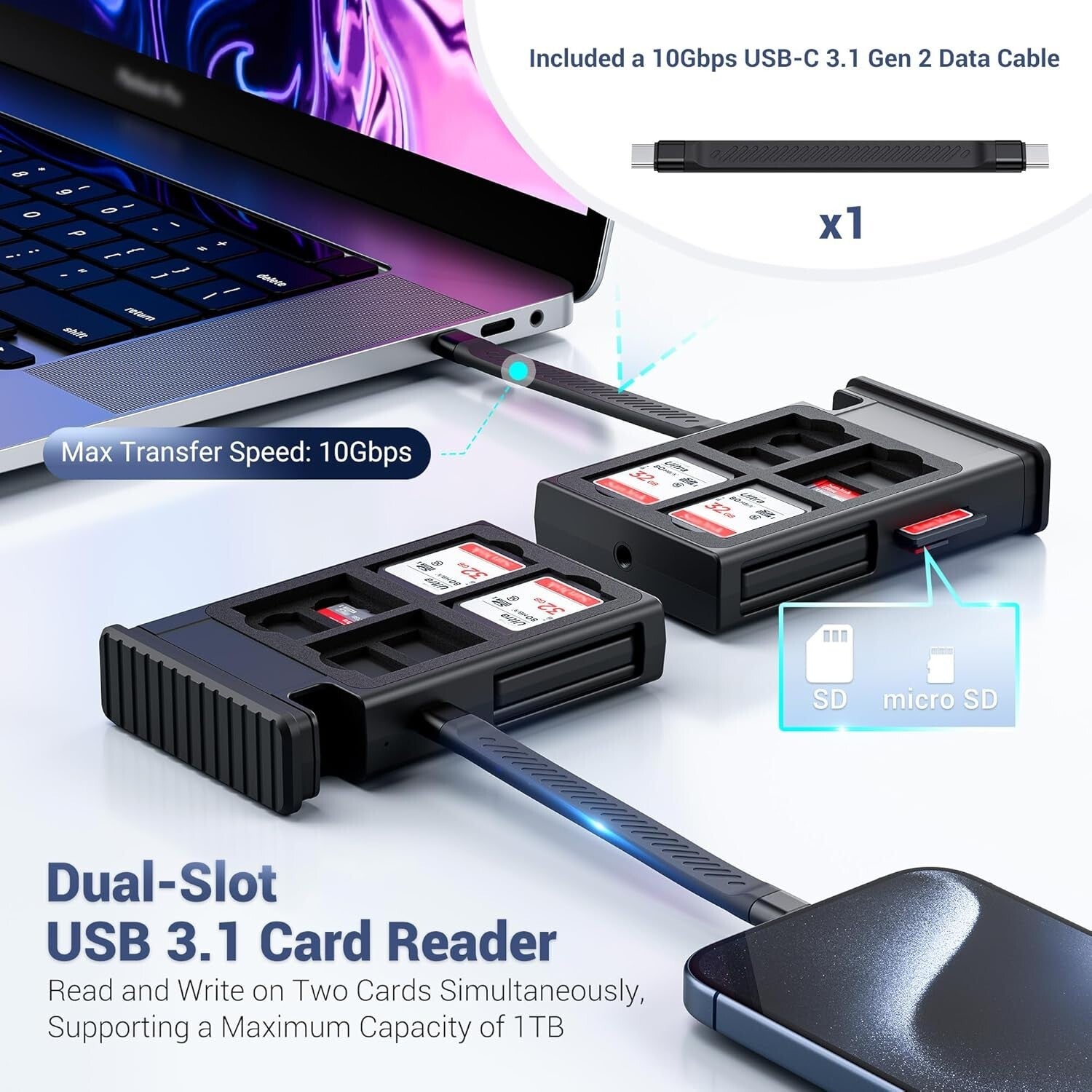 All-in-One SD/TF Card Reader with USB C Cable & Multi Adapter for Travel - Gray
