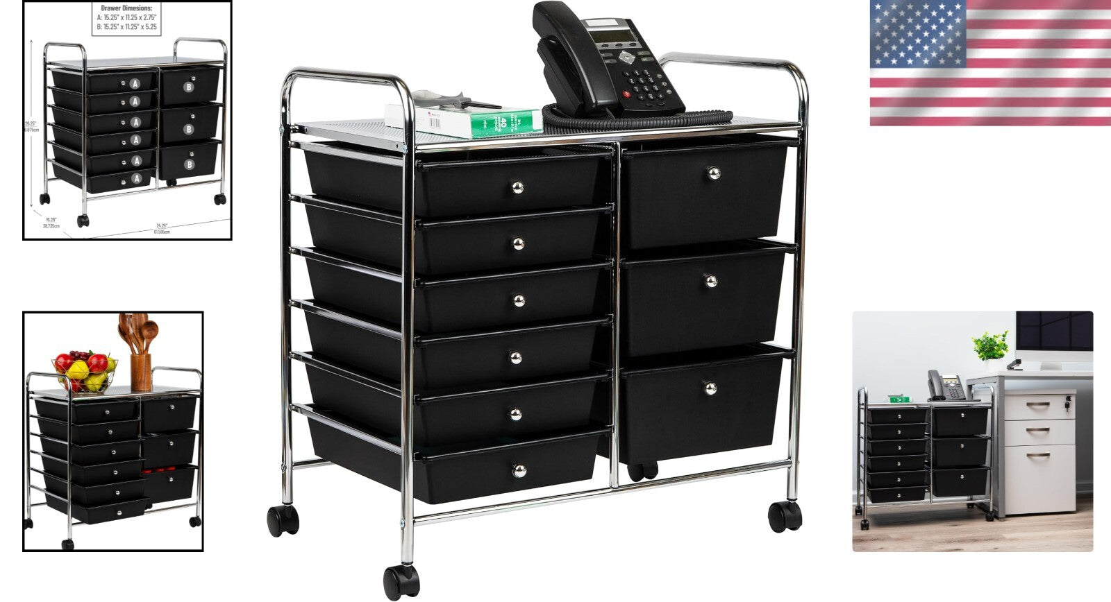 Durable Metal Utility Cart with 9 Drawers - Space-Saving Storage in Black/Silver