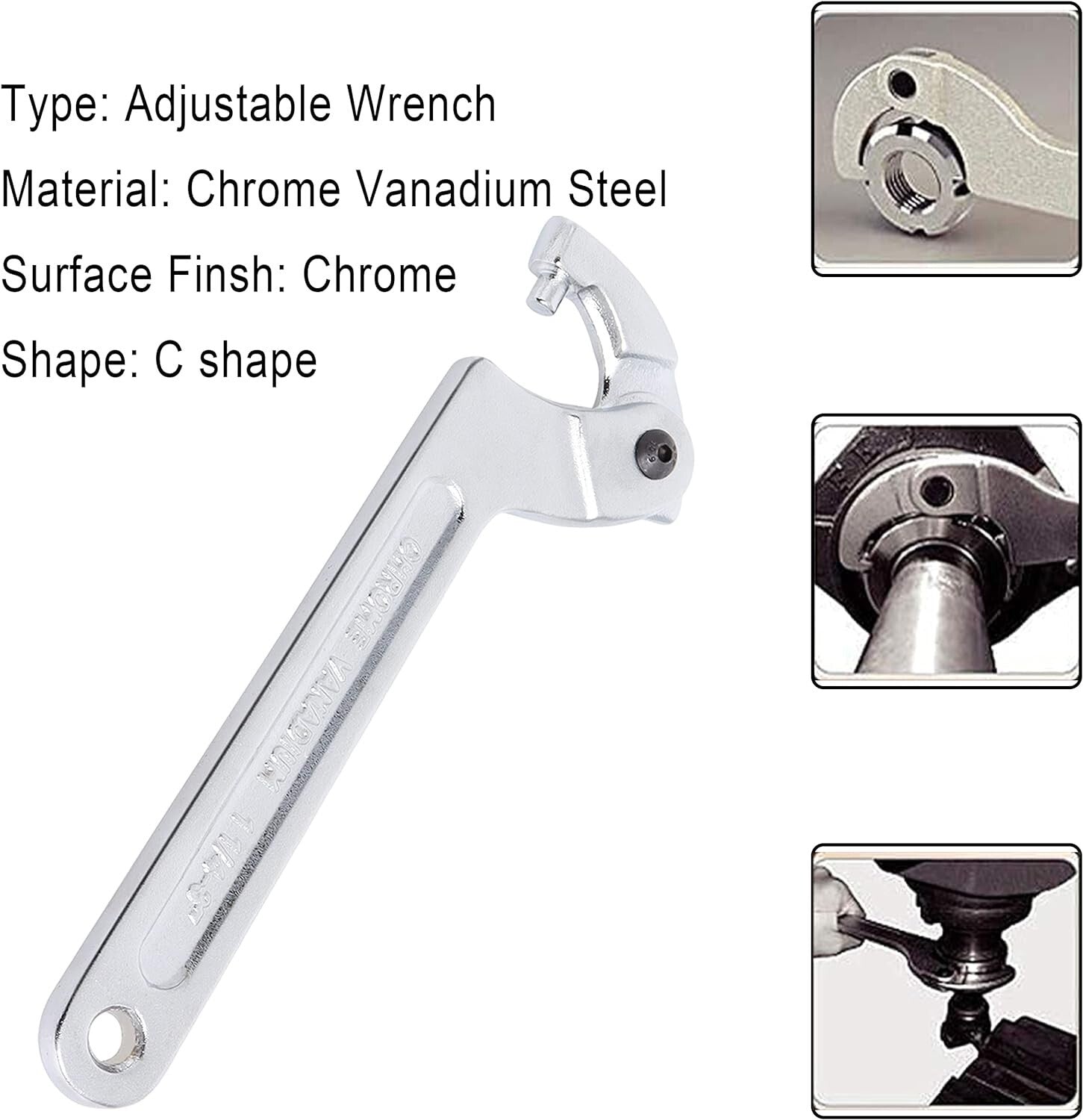 4-Piece Adjustable Hook Wrench Set in Chrome Vanadium for Vehicle Maintenance