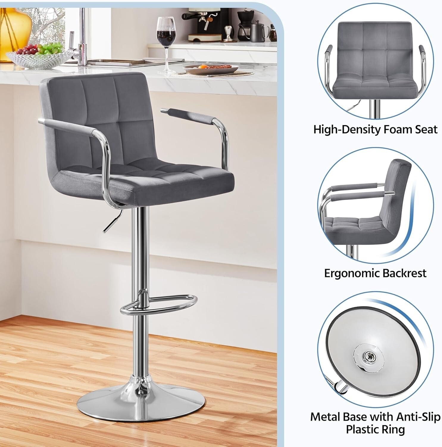 Set of 2 Elegant Velvet Swivel Bar Stools with Adjustable Height - Modern Design