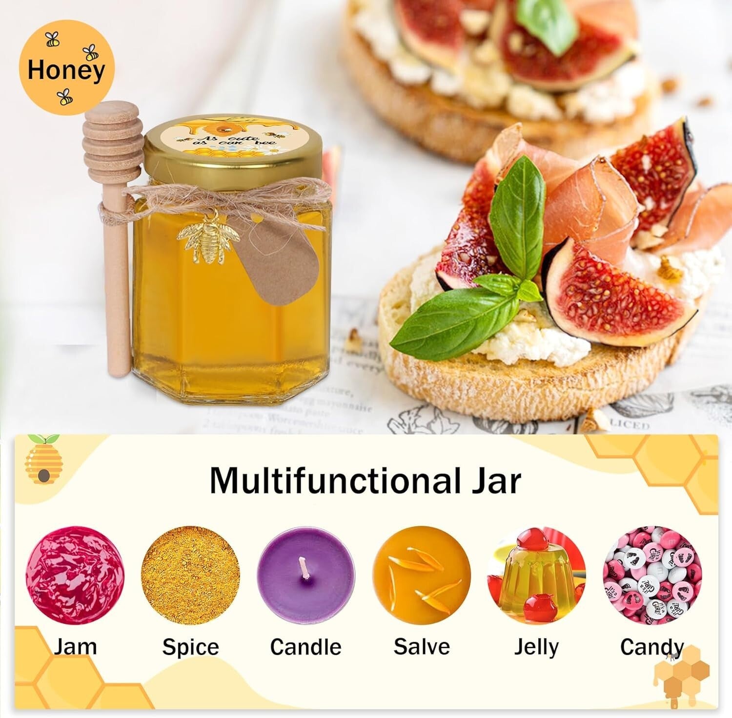 Bulk Set of 70 Beautiful Glass Honey Jars 3 oz with Lids & Customizable Stickers