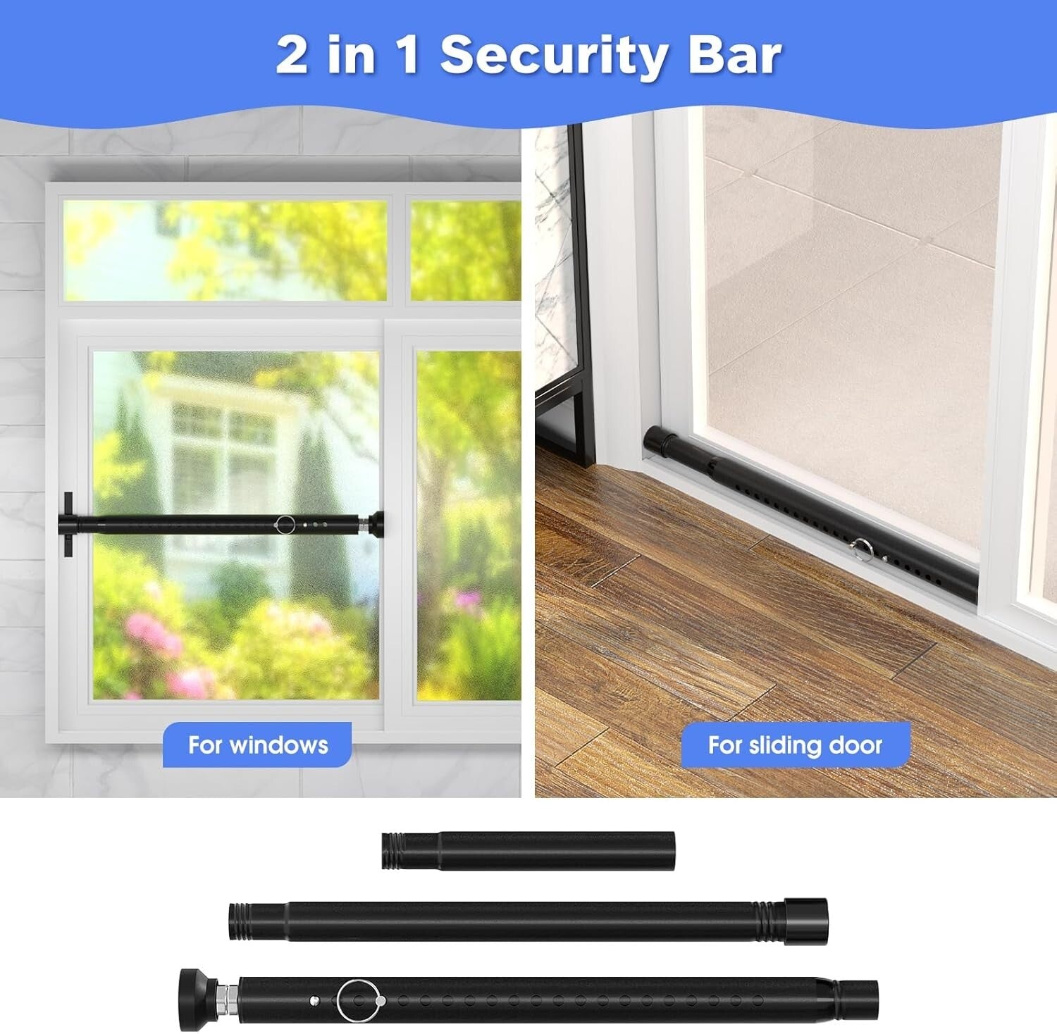 Adjustable Sliding Door Security Bar - 2-Pack Childproof Window Lock, 16-51 Inch