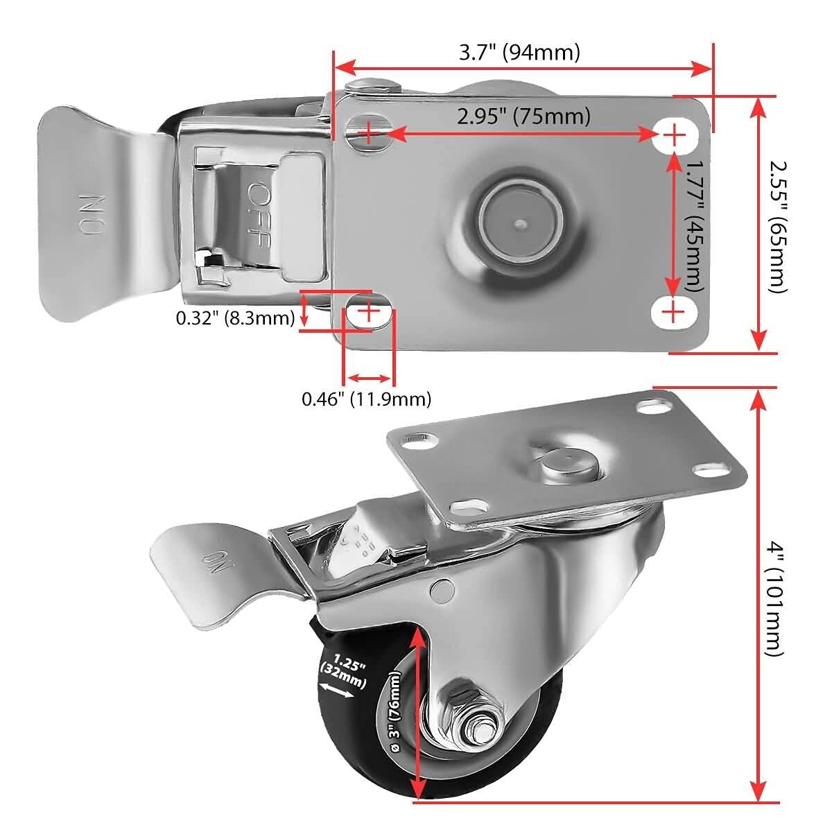 8 Pack Heavy-Duty 3" Swivel Plate Casters with Brakes for Effortless Mobility