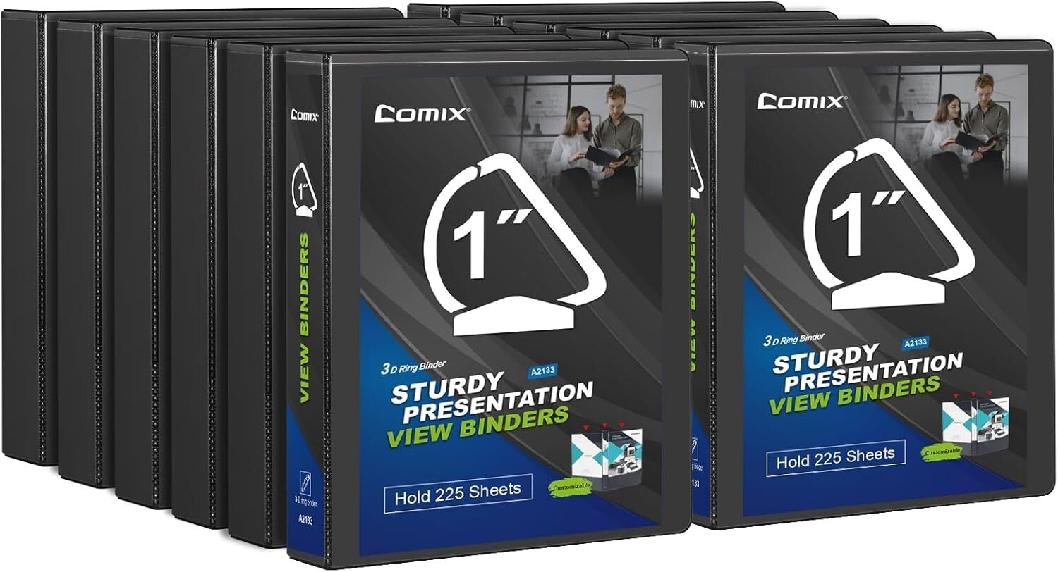 12 Pack D-Ring Black Binders - 1 Inch, Holds 225 Sheets, Multipocket Design