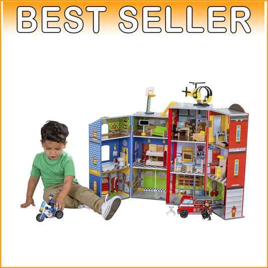 Everyday Heroes 3-Level Wooden Playset with Foldable Design & Firefighter's Pole