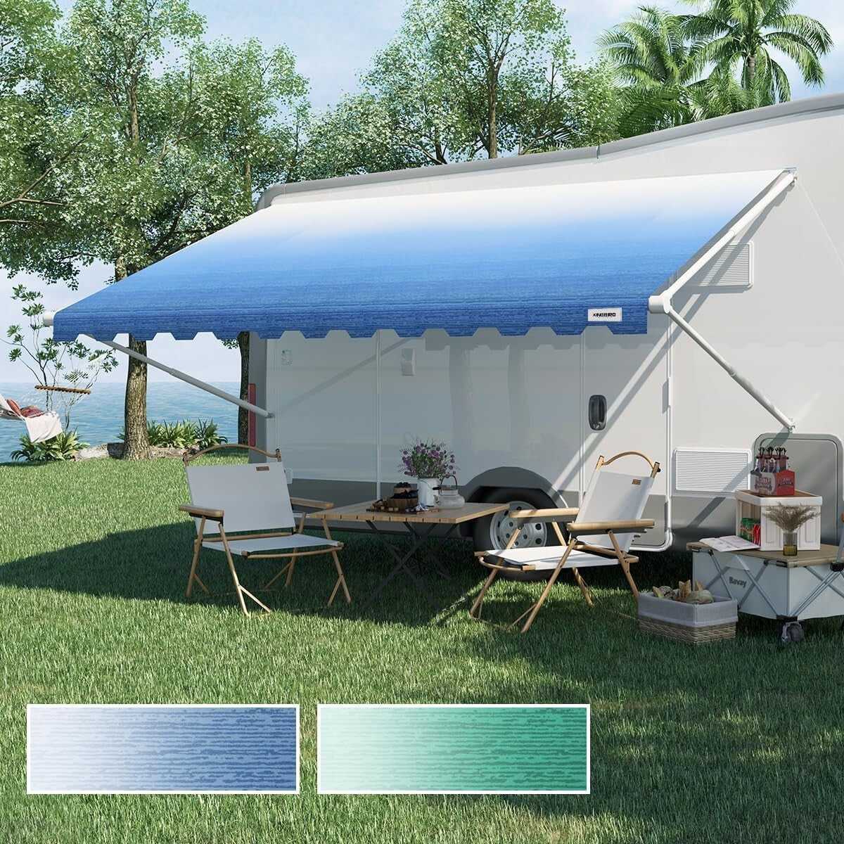 Durable Vinyl Awning Canopy - 14' Blue Fade Replacement for Trailers & Campers