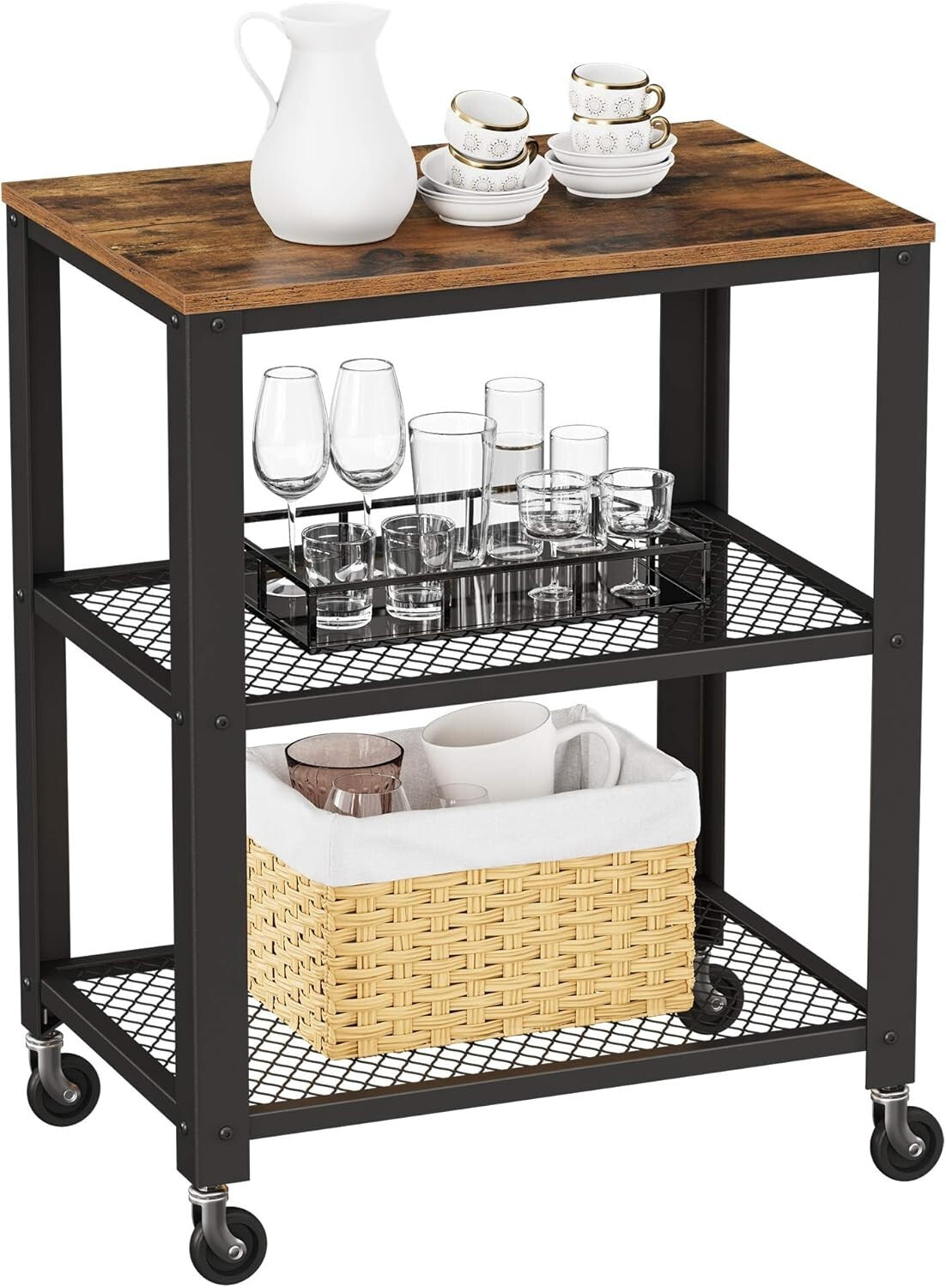 BRYCE 3-Tier Kitchen Utility Cart on Wheels - Rustic Brown and Black Elegance