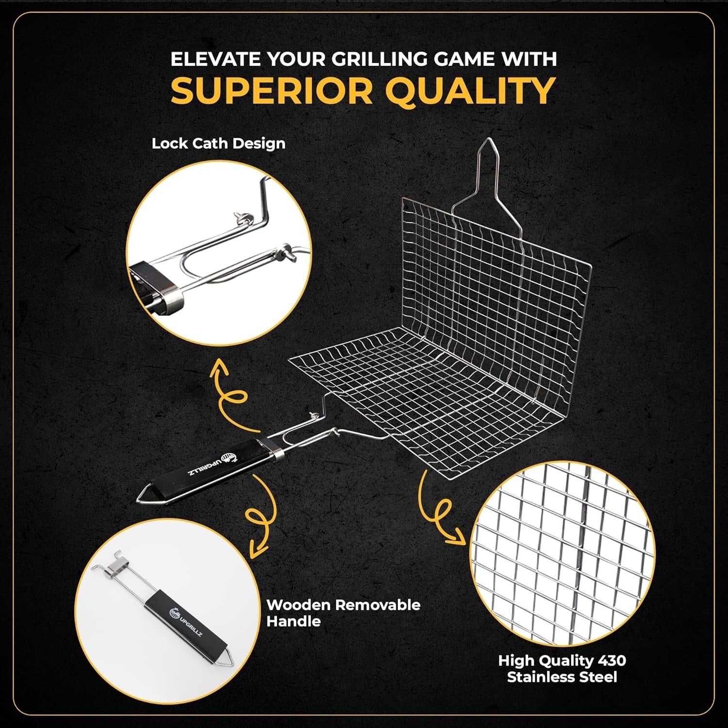 Rustproof Stainless Steel Fish Grilling Basket with Skewers & Basting Brush Pack