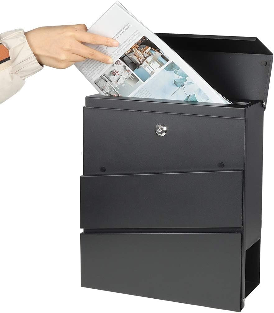Durable Black Mailbox with Key Lock & Integrated Newspaper Holder, 13" x 14.4"