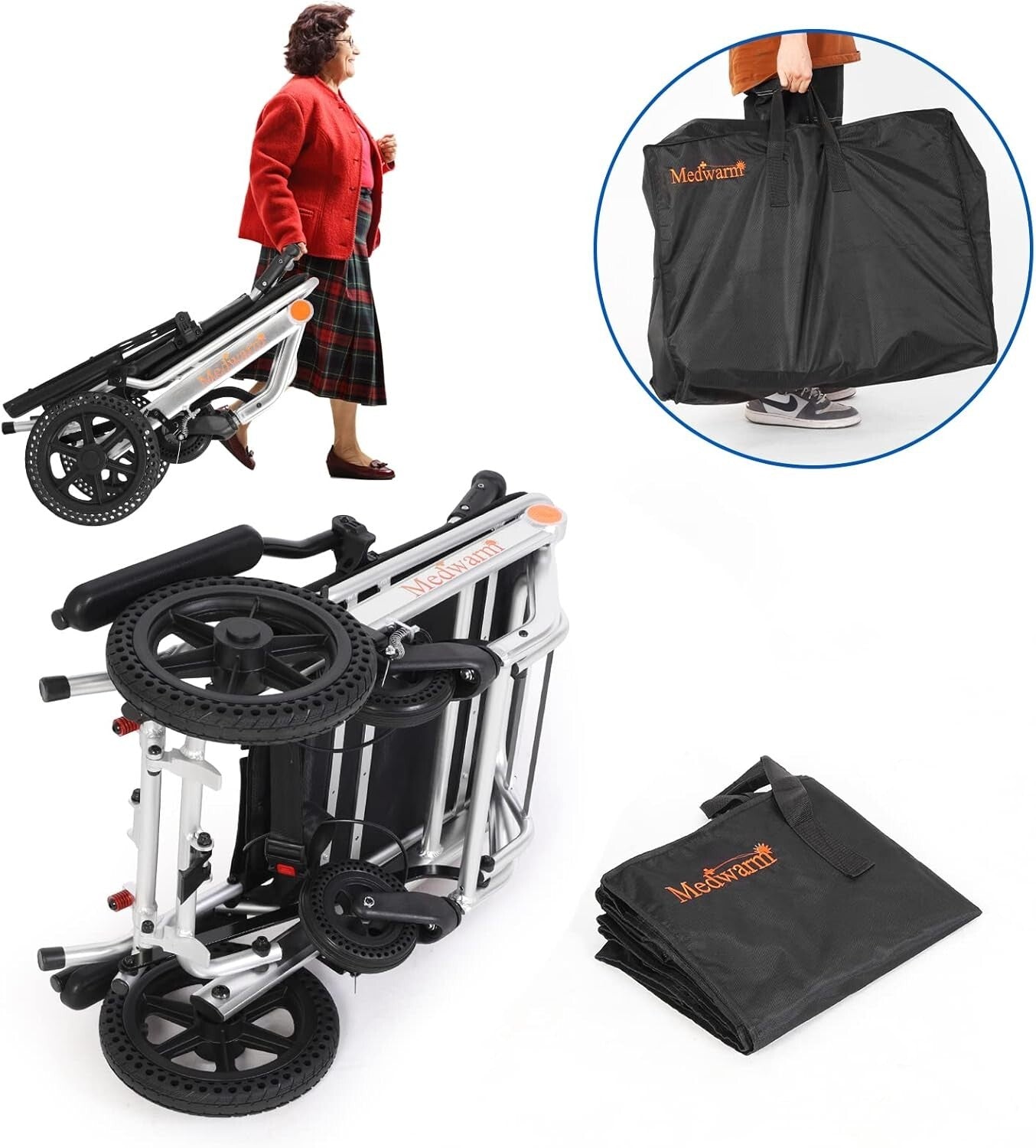 Folding Transport Wheelchair - 23lbs Aluminum Frame with Adjustable Armrests