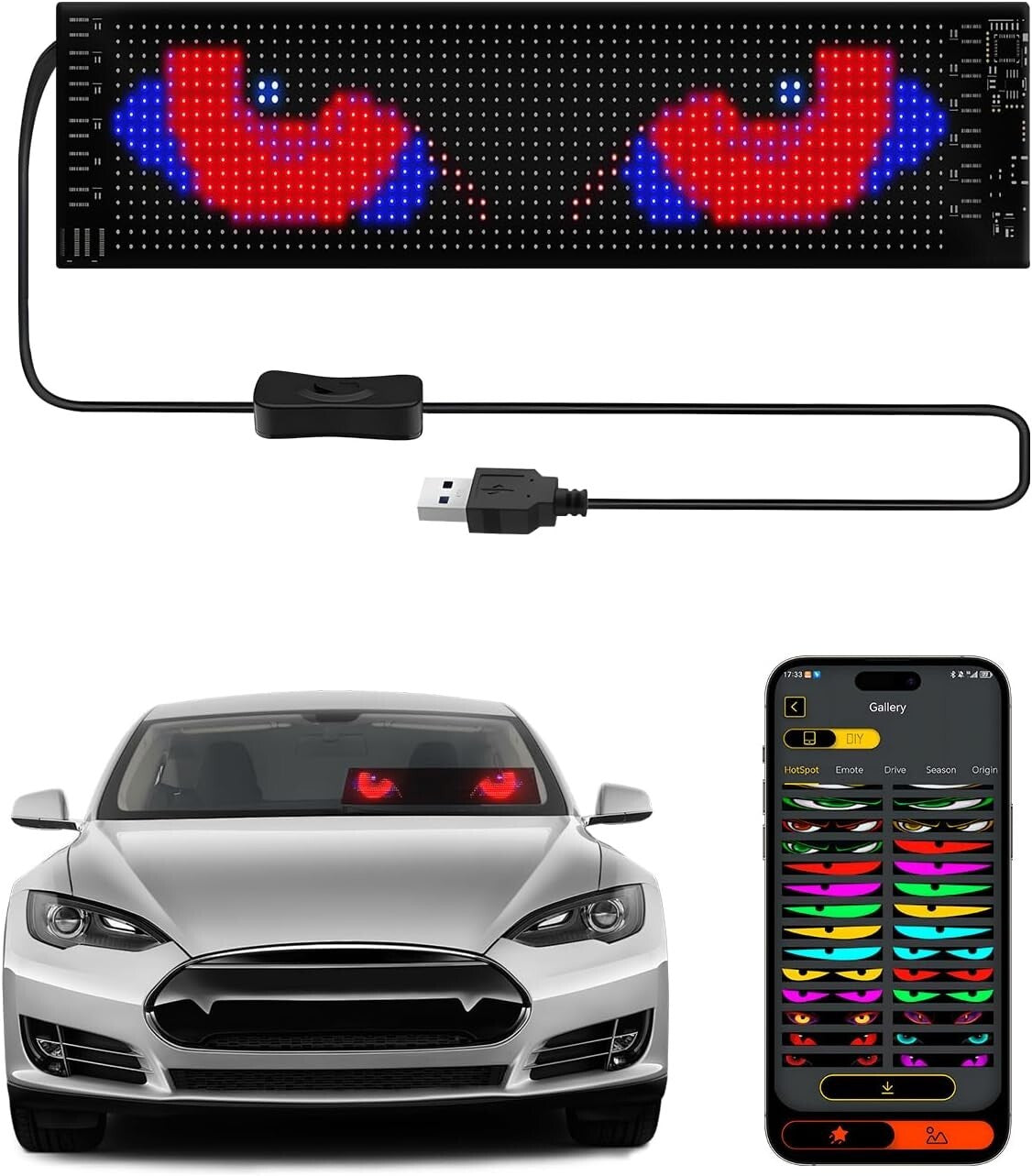 Customizable 14"x4" Waterproof LED Devil Eyes Car Animation Light with Remote