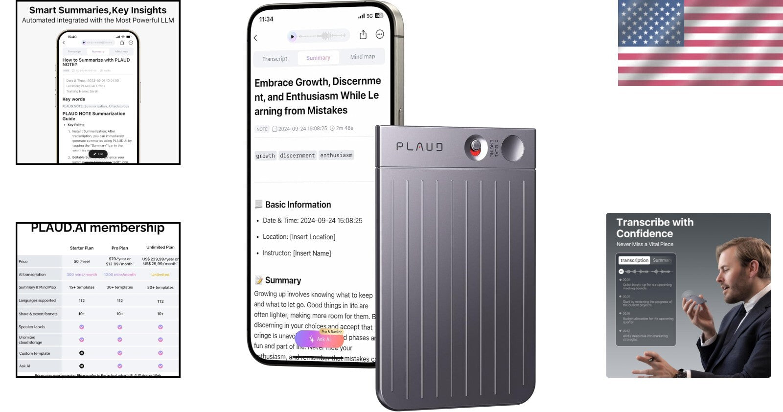 Sleek AI-Powered 64GB Voice Recorder with Transcription & Summarization Features