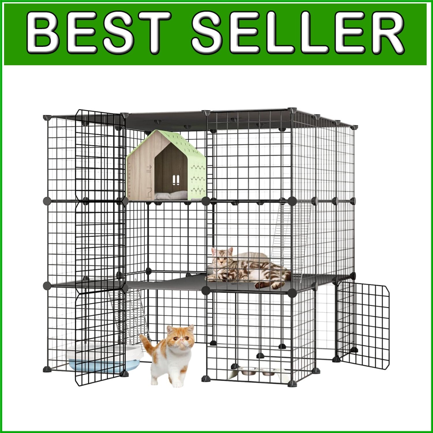 Detachable Indoor Cat Crate - 41” Playpen for 1-4 Cats with Ramp & Organization