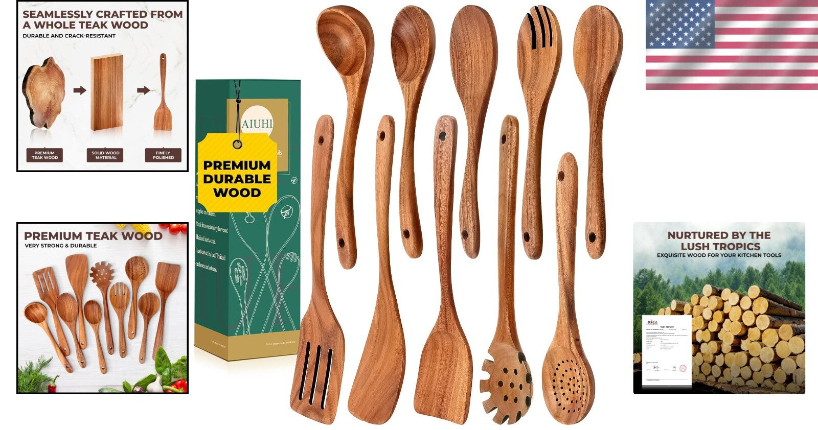 10-Piece Stylish Teak Cooking Utensils Set - Non-Stick Safe & Durable