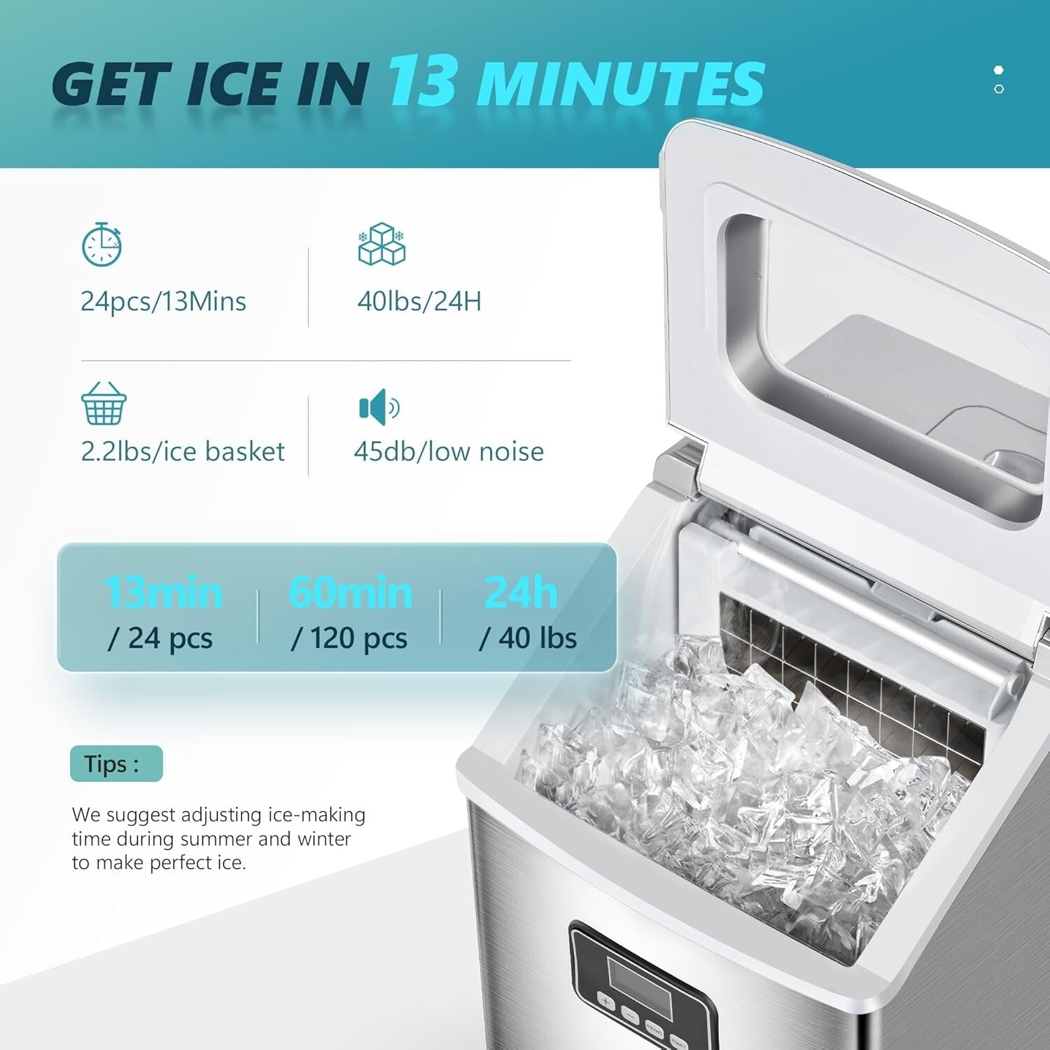 Quiet Operation 40Lbs/Day Ice Maker with Removable Basket – Ideal for Home & Bar