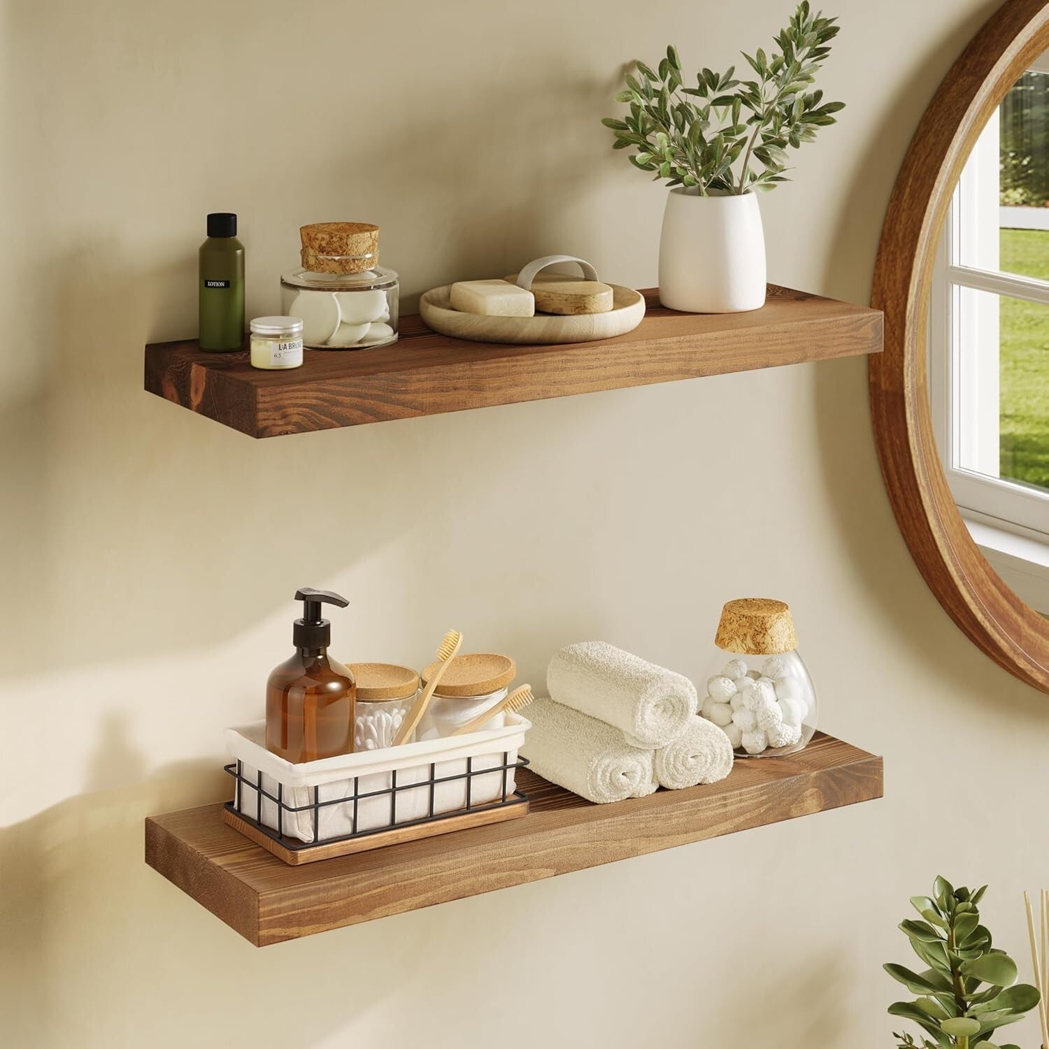 Elegant 24" Floating Shelves - Rustic Solid Wood for Kitchen and Living Room