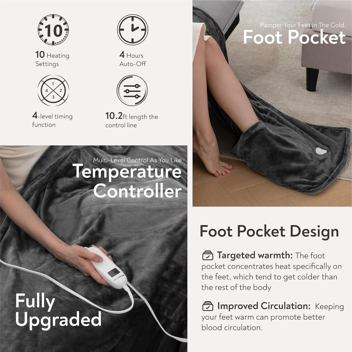 Dark Grey 10-Setting Electric Throw Blanket with Foot Pocket, Machine Washable