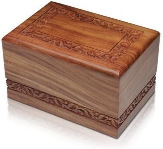 Intricate Engraved Rosewood Urn for Ashes - Memorial for Adults with Velvet Bag