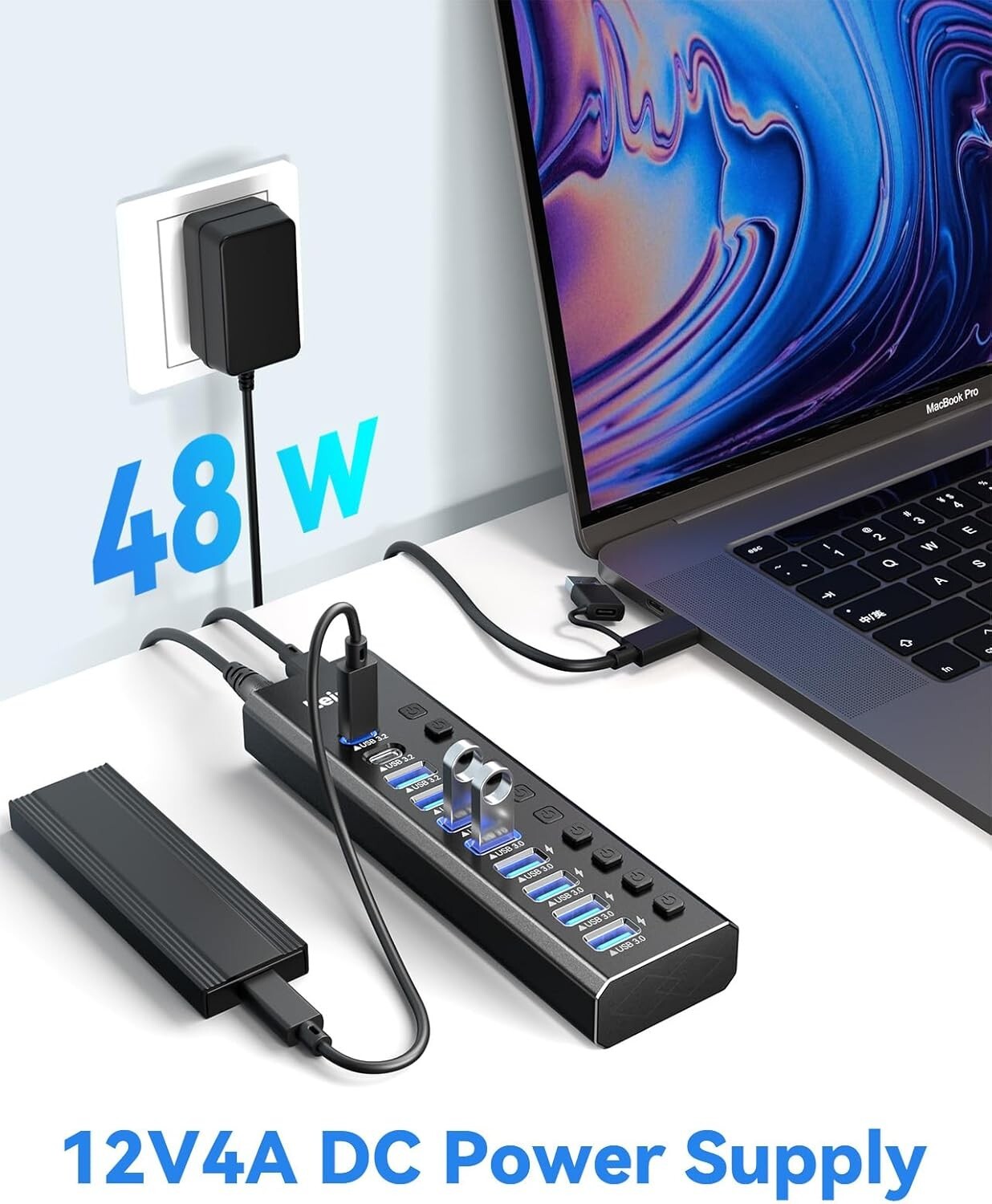 10-Port USB 3.2 Hub with Power Adapter & Individual Switches for Devices