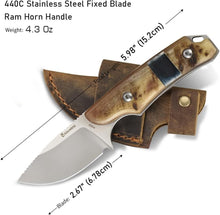 Load image into Gallery viewer, Compact 440C Fixed Blade Knife - Leather Sheath with Buckle, Unique Ram Horn