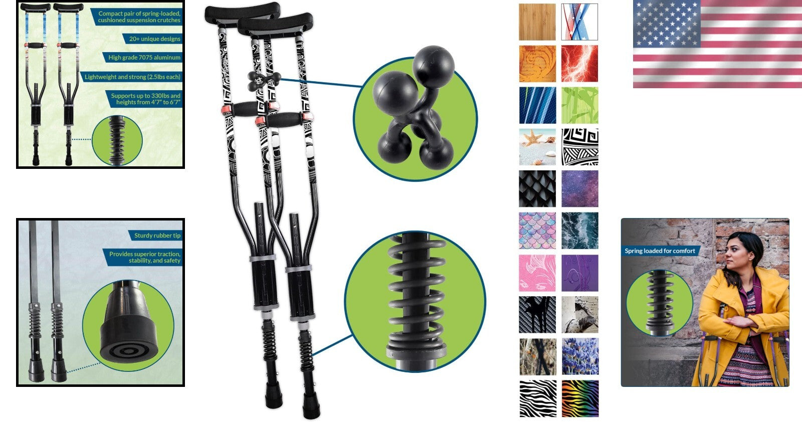 Ultra Lightweight Spring-Loaded Crutches for Fashionable Mobility - 4'7" to 6'6"