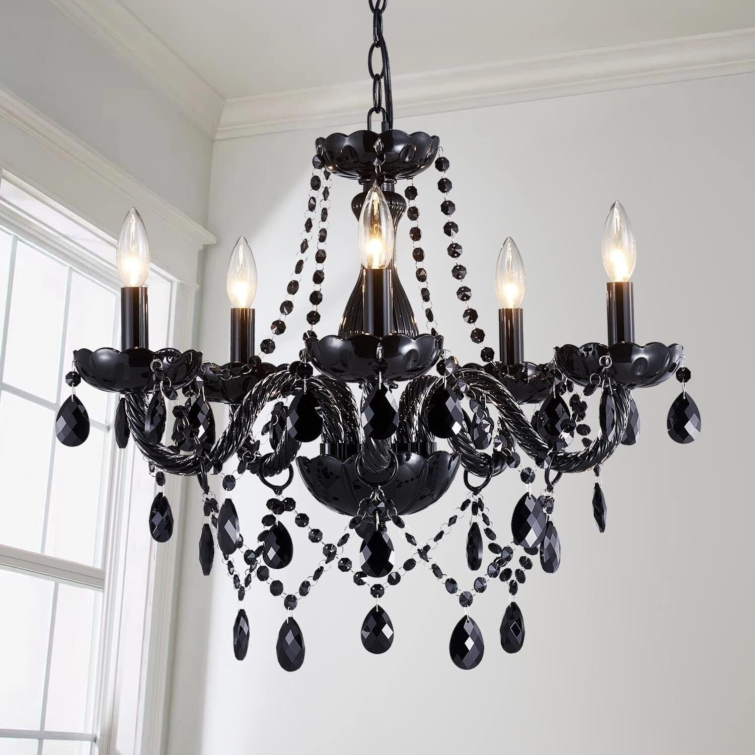 Adjustable Black Crystal Chandelier with 5 Dimmable Lights - 19" Ceiling Fixture
