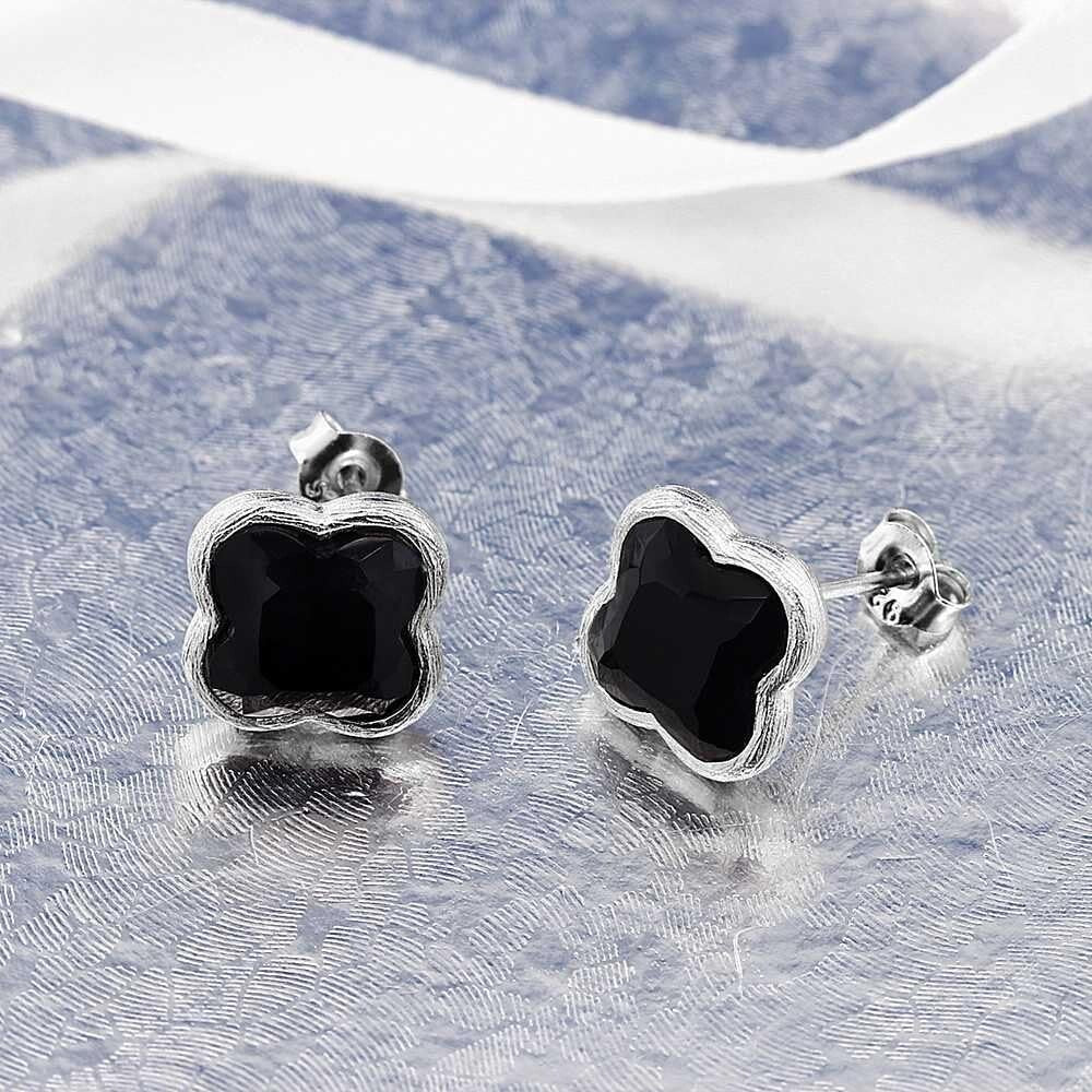 Elegant 18K Gold Plated Sterling Silver Flower Clover Black Onyx Stud Earrings