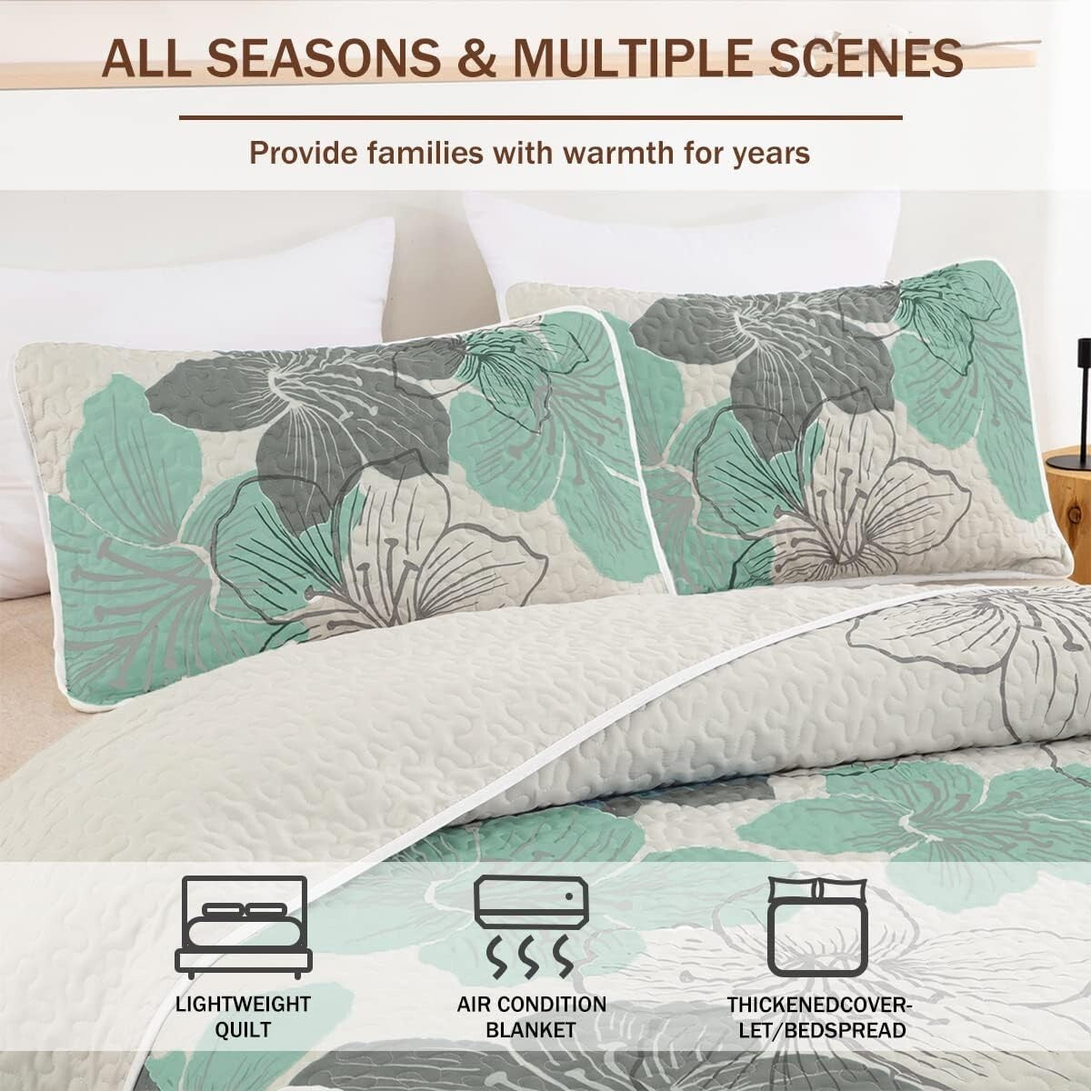 Floral Pattern King Quilt Set - Elegant Soft Microfiber Bedspread for Bedrooms