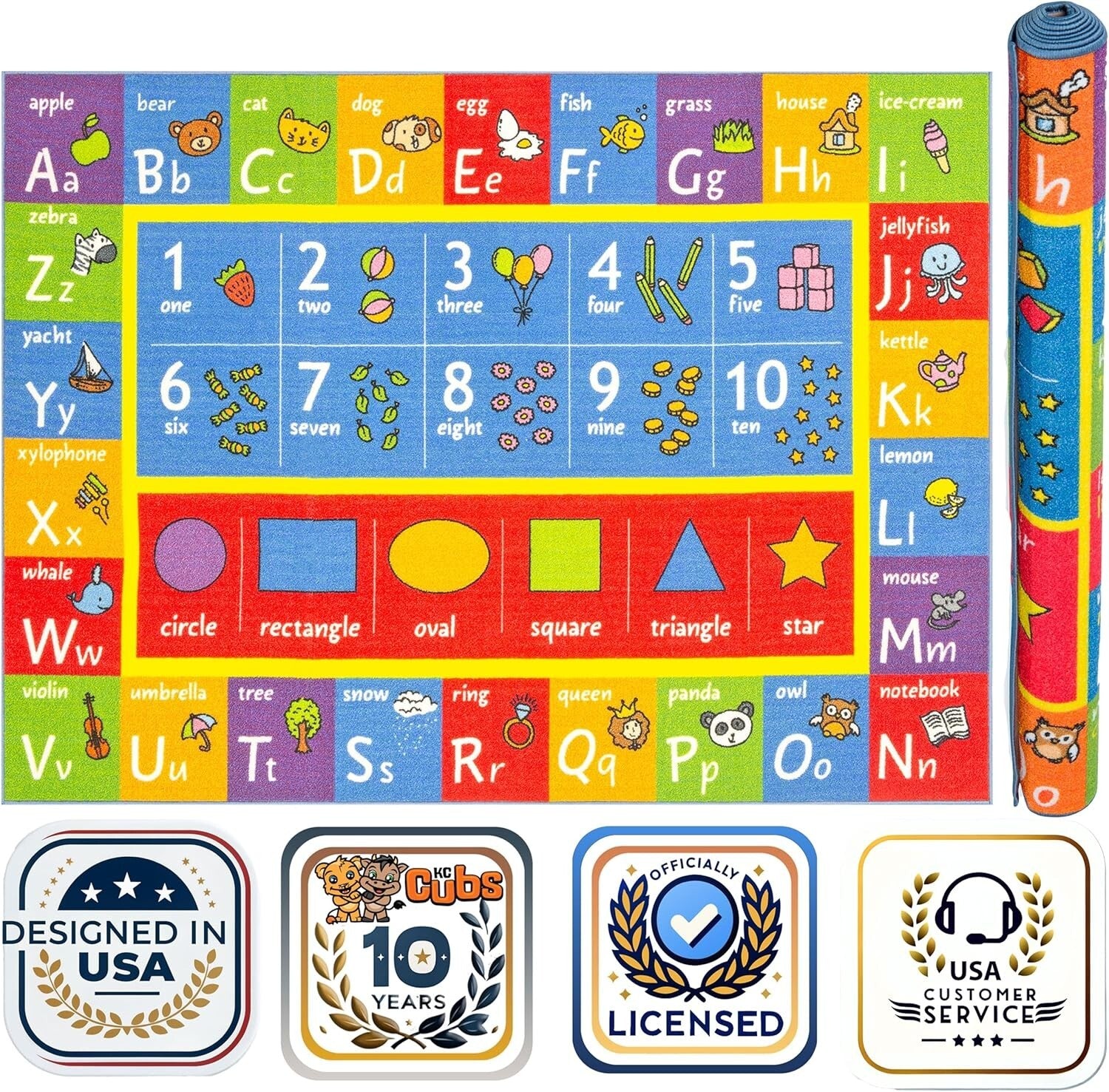 Vibrant Non-Slip Kids Educational Rug - ABC Numbers Shapes Carpet 7'10" x 9'10"