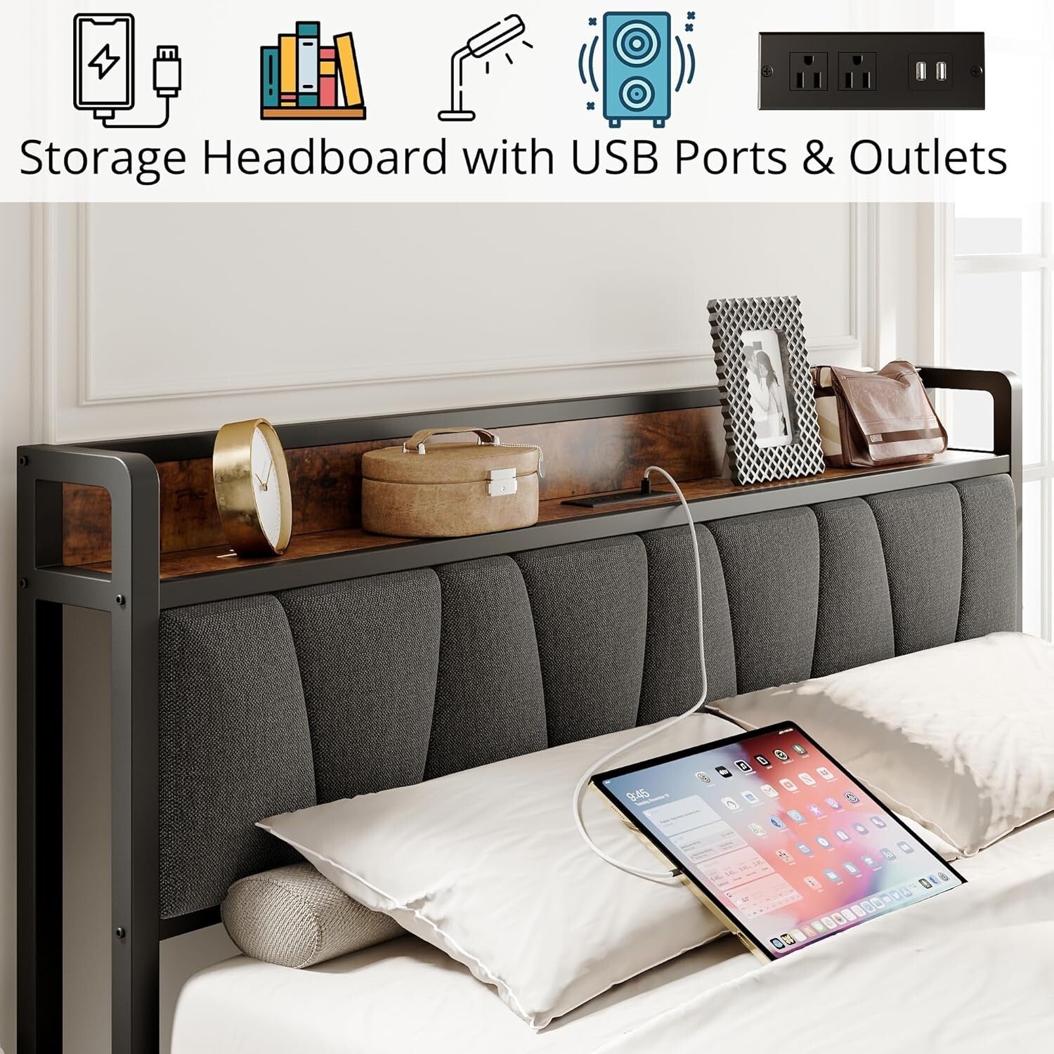 Durable Full Bed Frame with Noise-Free Storage Headboard & USB Charging Ports