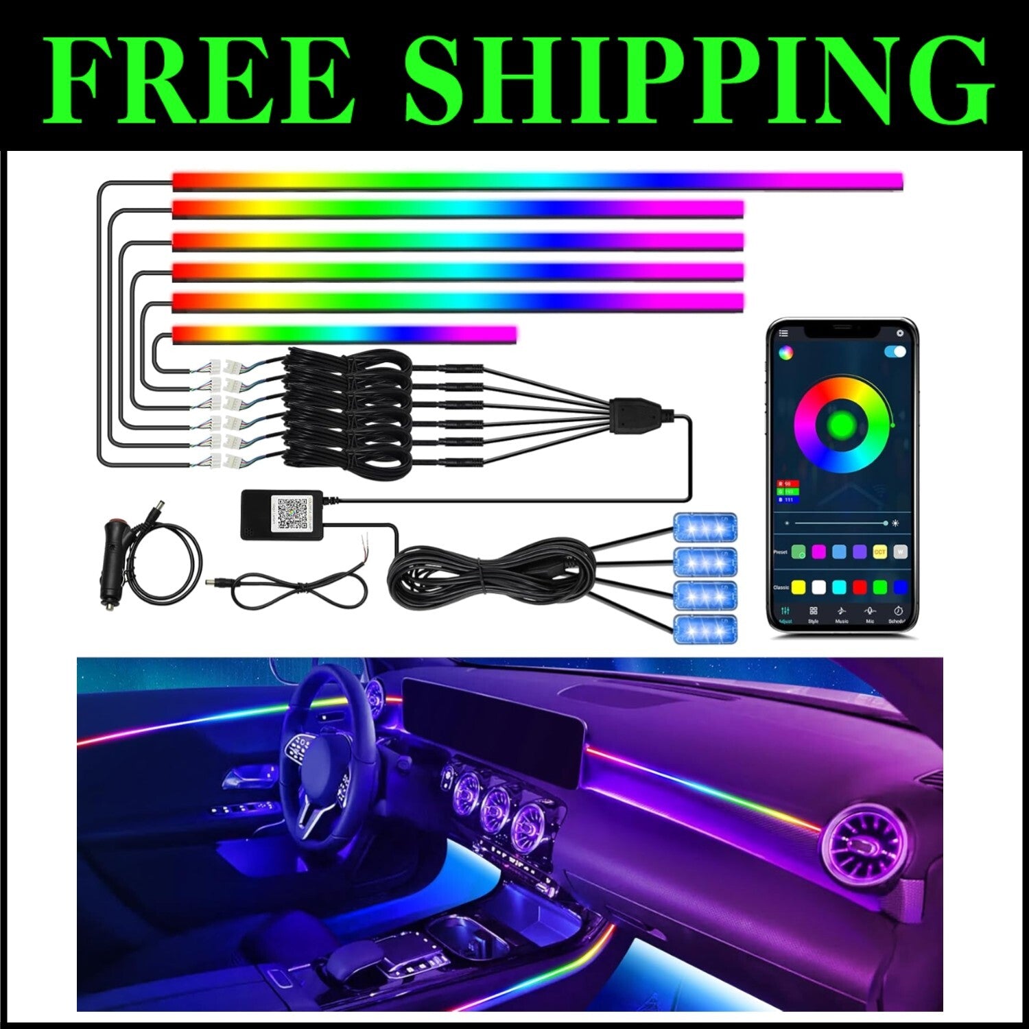 Dreamcolor 10-in-1 Waterproof Car LED Strip Lights with APP Control & 213 Modes
