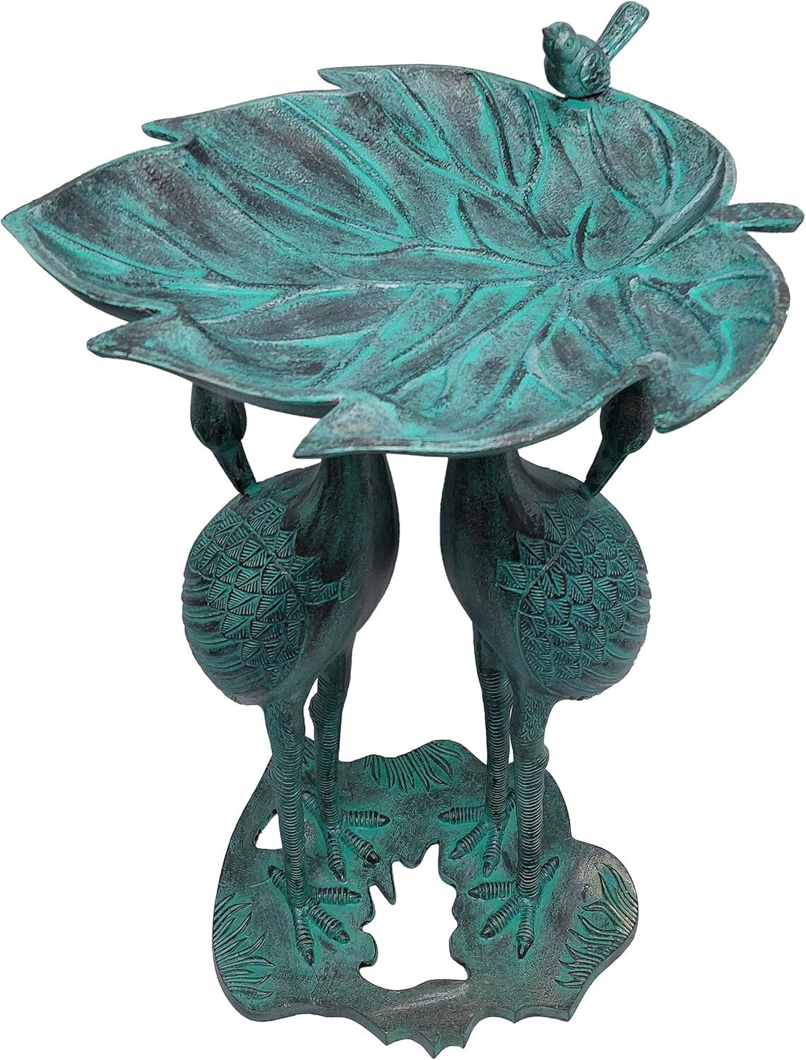 Sturdy 30-in Cast Aluminum Crane Bird Bath with Leaf Bowl - Traditional Elegance