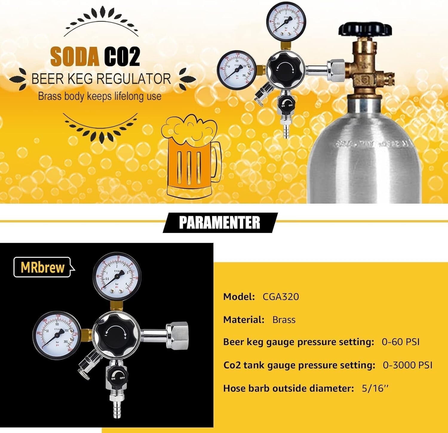 Professional Grade CO2 Regulator for Kegerators - 0-60 PSI Adjustable Control