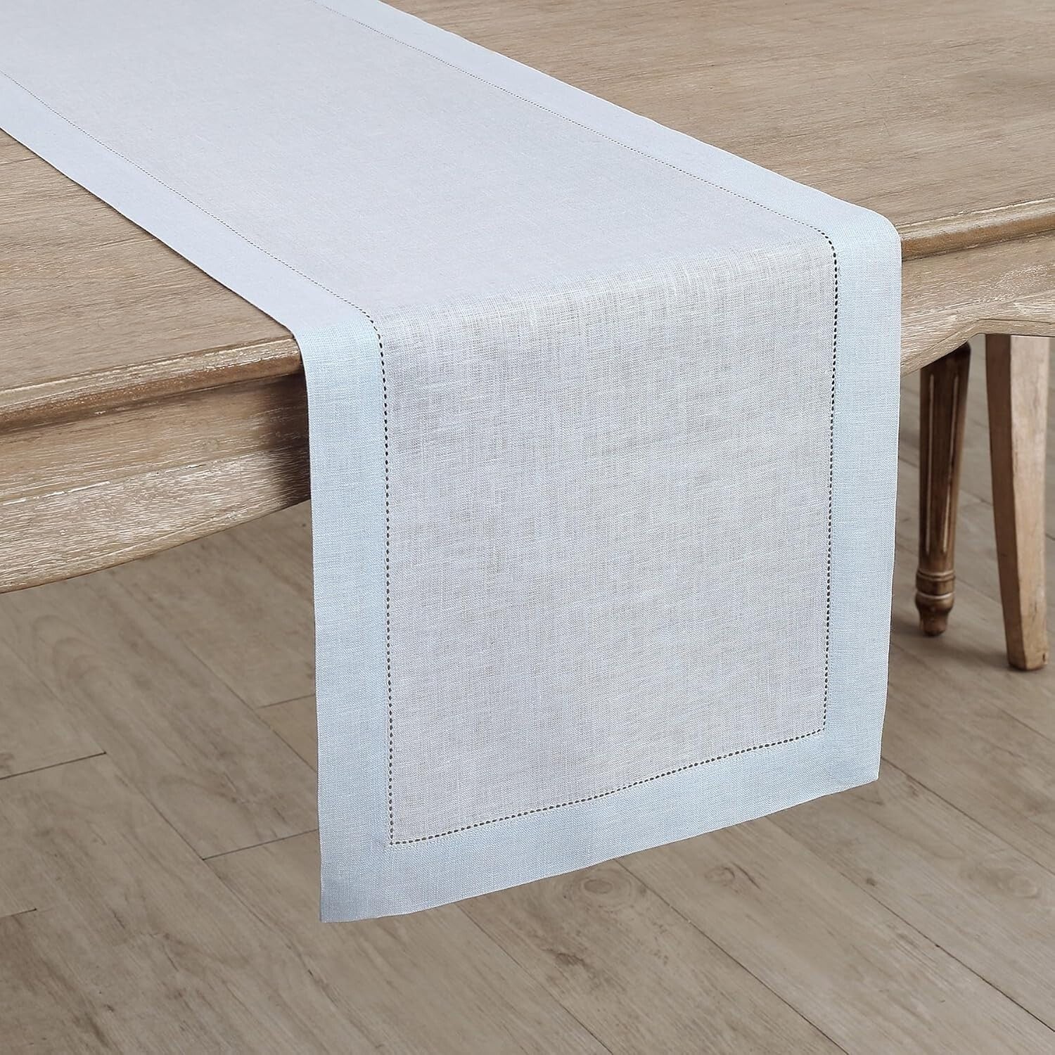 Elegant Light Blue 14 x 132 Inches Pure Linen Table Runner - Classic Hemstitch