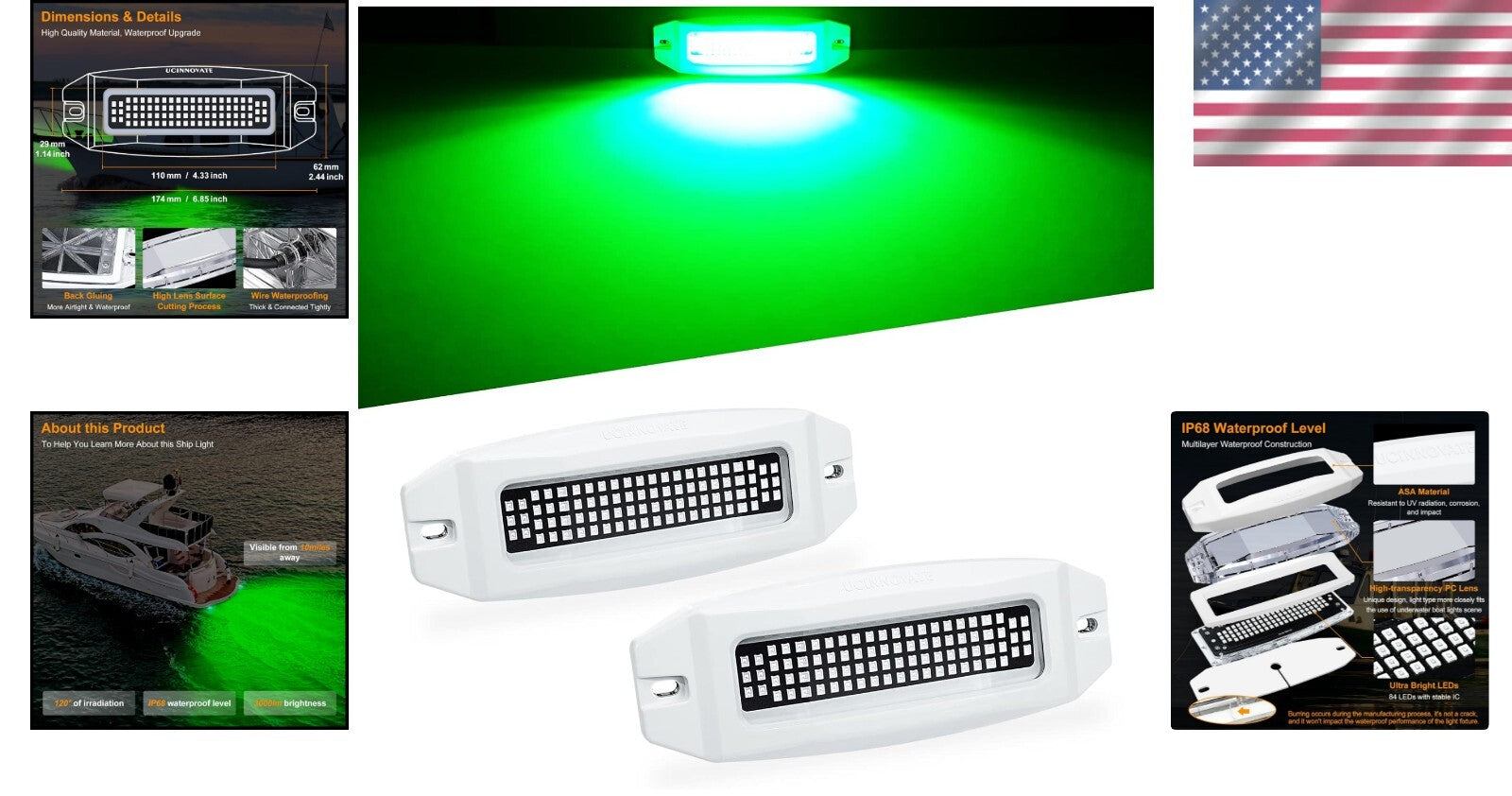 2-Pack 6.9" Waterproof Marine LED Boat Lights - 3000LM Underwater Green Beams