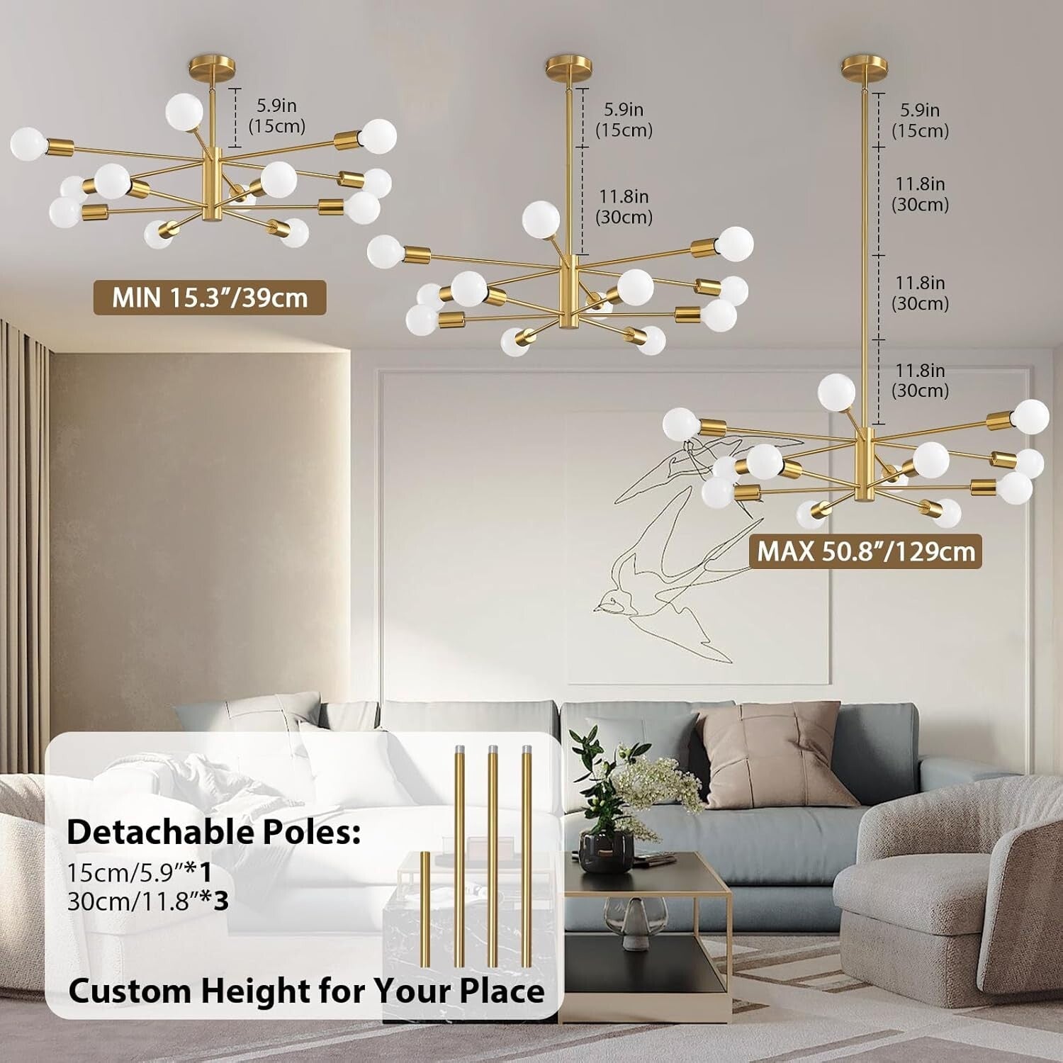 Adjustable Height Gold Chandelier - 12-Light Ceiling Fixture for Modern Homes