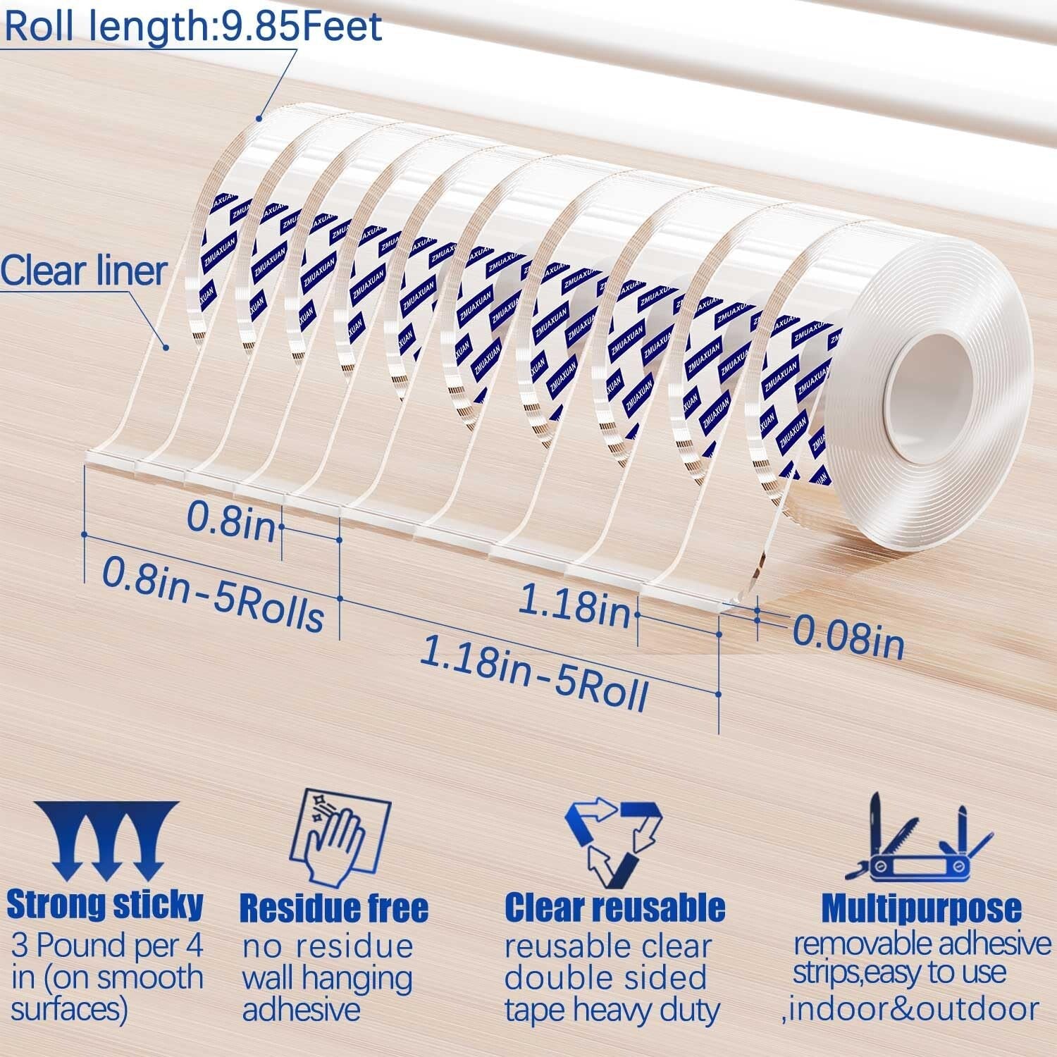 10 Roll Heavy Duty Double Sided Clear Tape - Strong Adhesive for All Surfaces