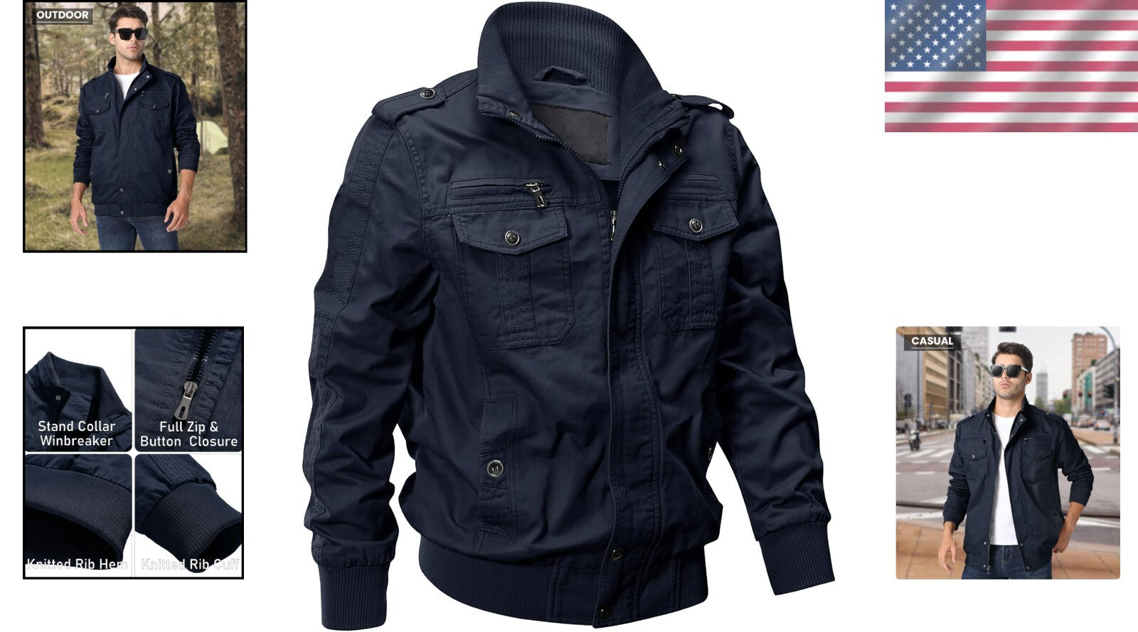 Stylish Men's Zip Front Utility Jacket with Inner Pocket for Outdoor Adventures