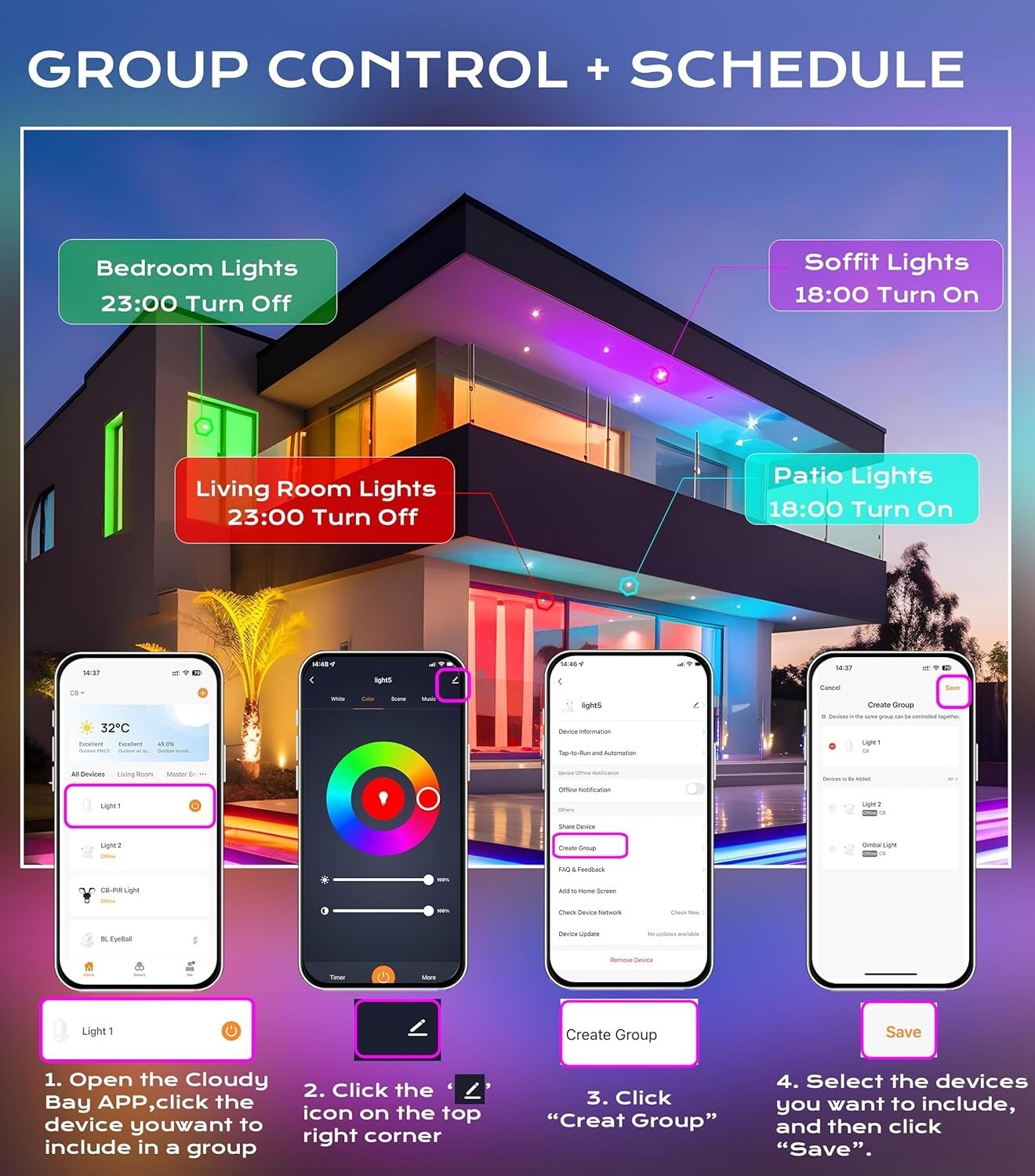 WiFi Compatible 4-Inch Recessed Smart Lights - Alexa/Google Control, Pack of 4