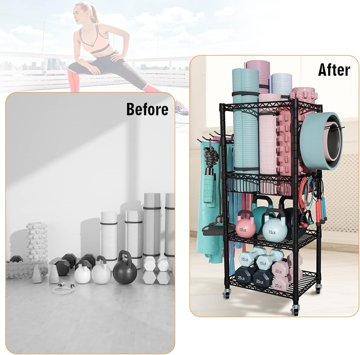 3-Tier Home Gym Storage Rack with Wheels - Organize Your Workout Gear Elegantly