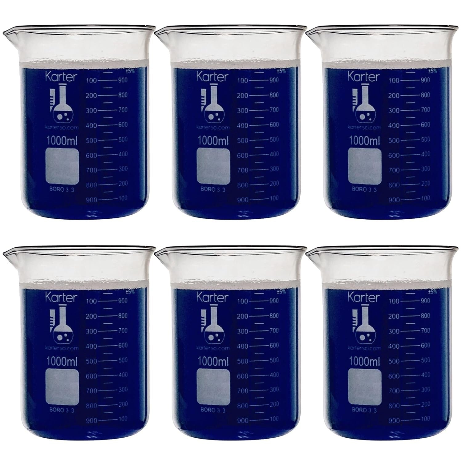 Pack of 6 Borosilicate 3.3 Graduated 1000ml Beakers for Accurate Measurements