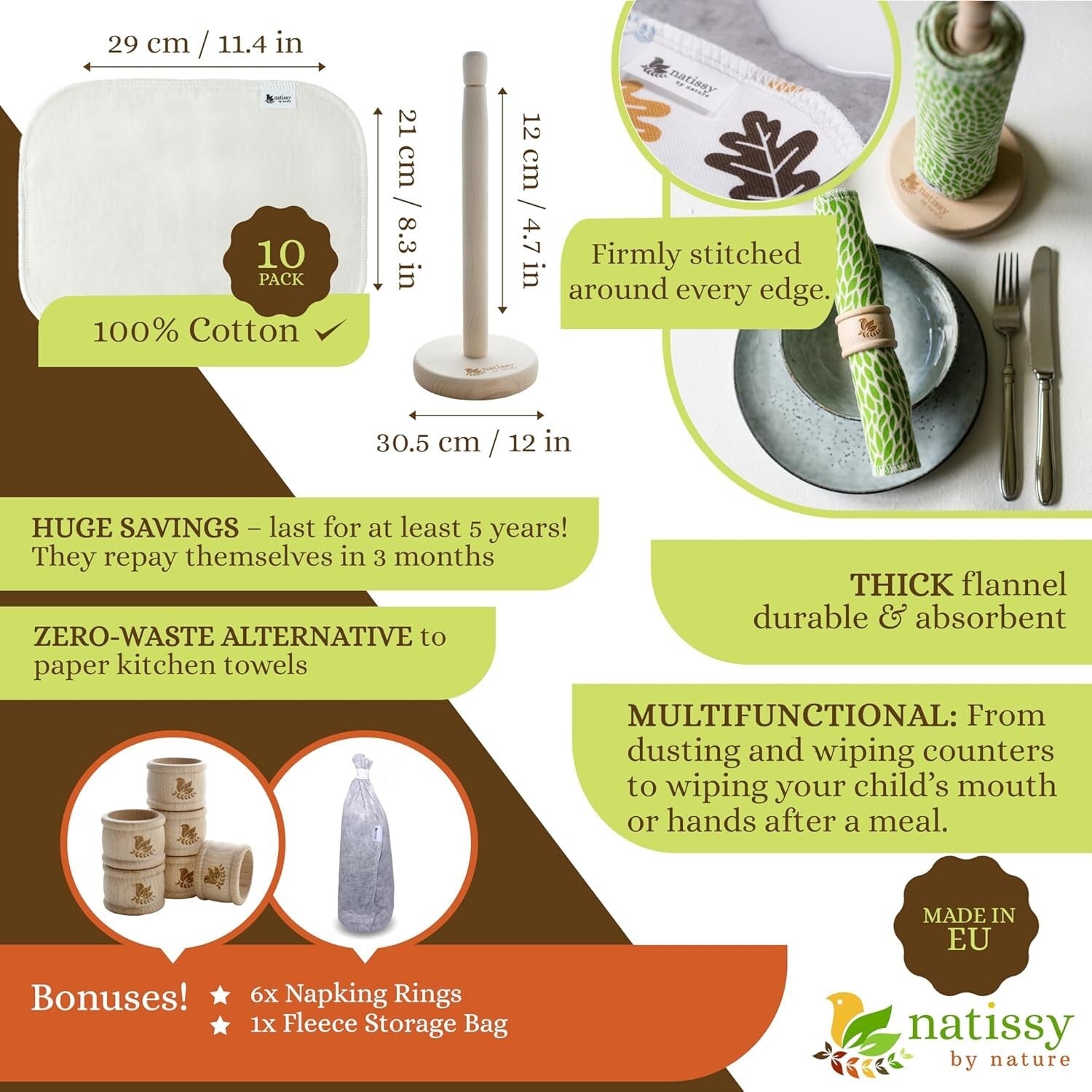 10 Durable Organic Cotton Cloth Towels - Sustainable Reusable Paper Alternatives