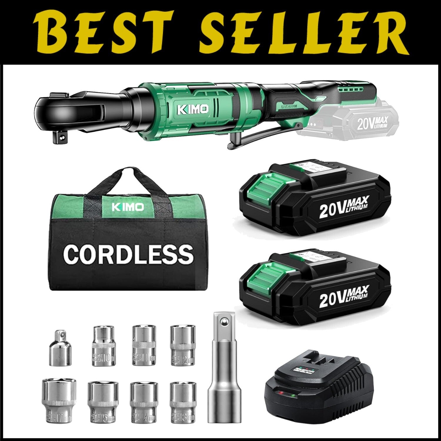 Battery Powered 20V Ratchet Wrench Set - Compact with Extension Bar & Adapters