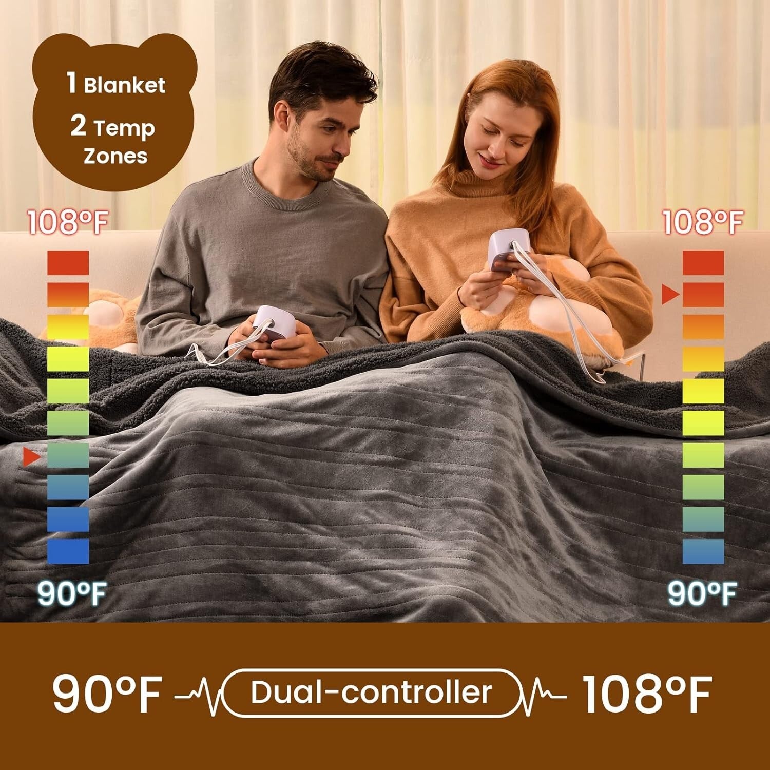 King Size Heated Blanket 100"x90" - Dual Controller with 10 Heating Levels