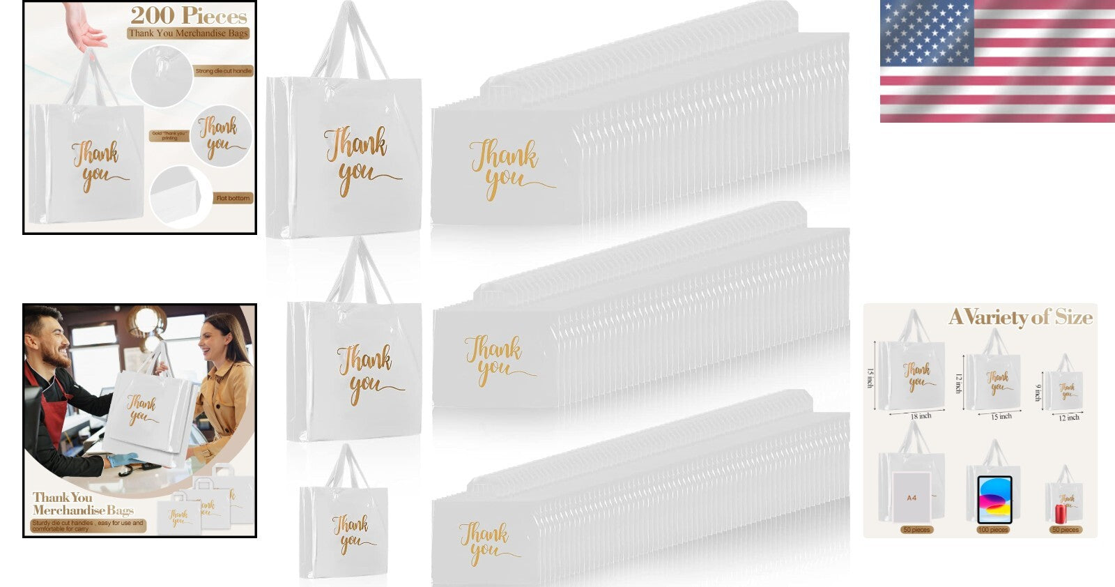 Versatile 200 Pcs White Thank You Bags - Sturdy, Stylish & Polka Dot Design
