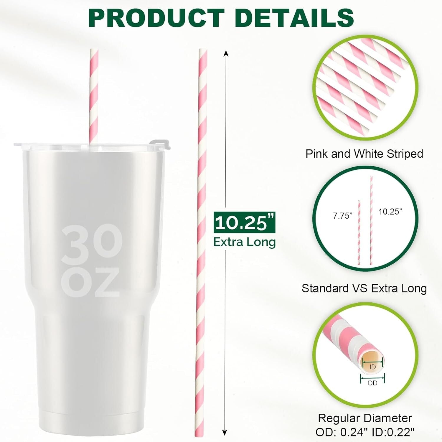 10.25" Pink & White Striped Disposable Paper Straws - 600 Count, Biodegradable