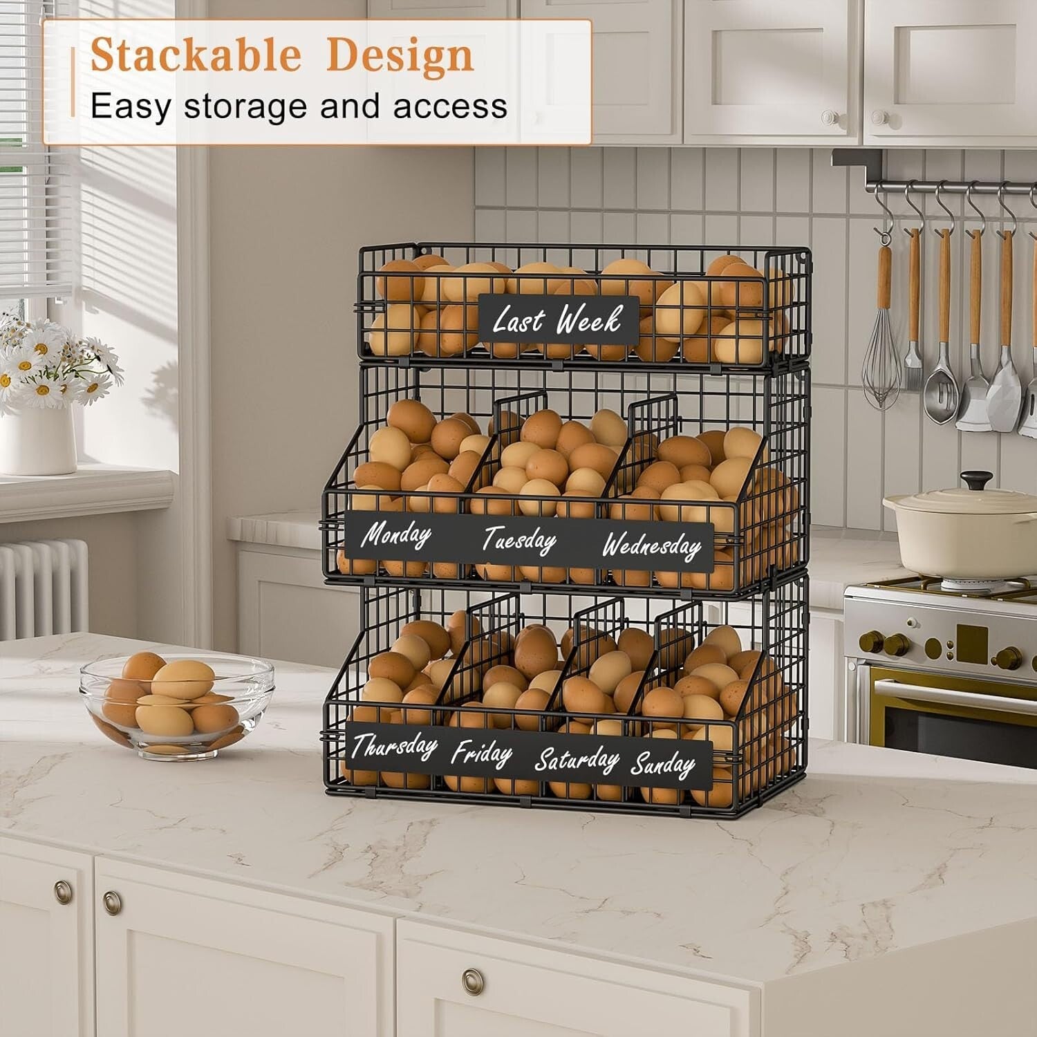 XXL Large Egg Holder with 5 Adjustable Dividers & DIY Nameplate for Easy Storage