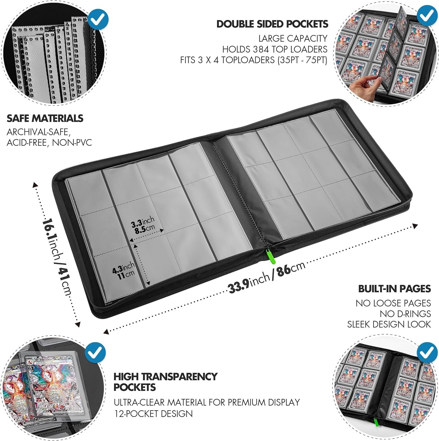 Durable 384 Card Toploader Binder with Water-Resistant Cover and Zipper Closure