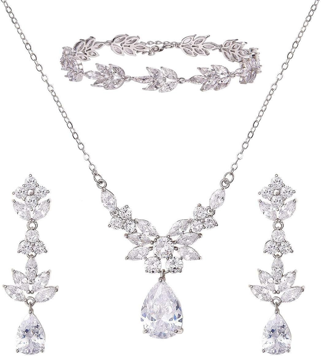 Dainty Women's Wedding Jewelry Set - Cubic Zirconia Necklace & Earring Pair
